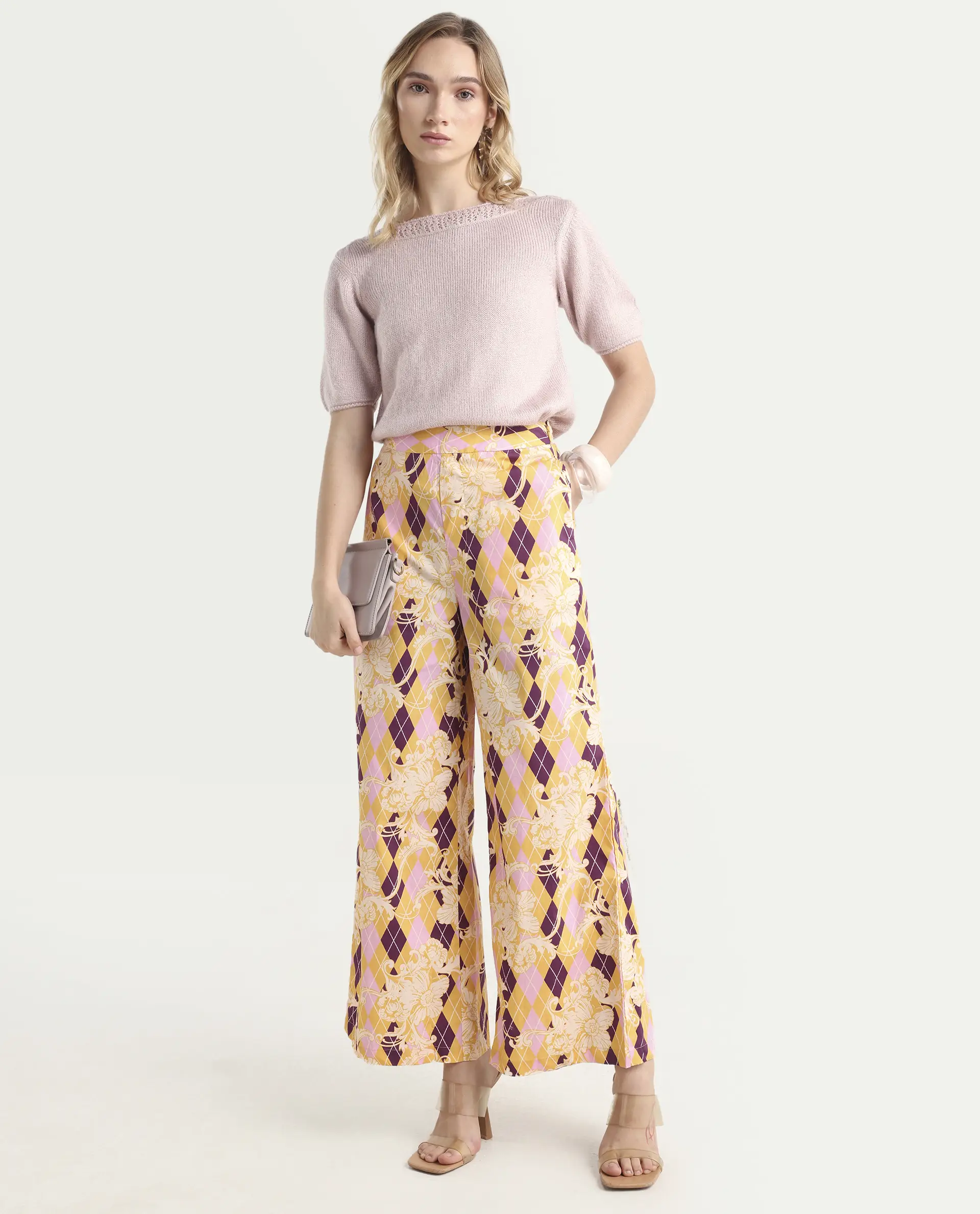 Rareism Women's Bari Light Multi Cotton Geometric Print Ankle Length Wide Trouser - Image 2