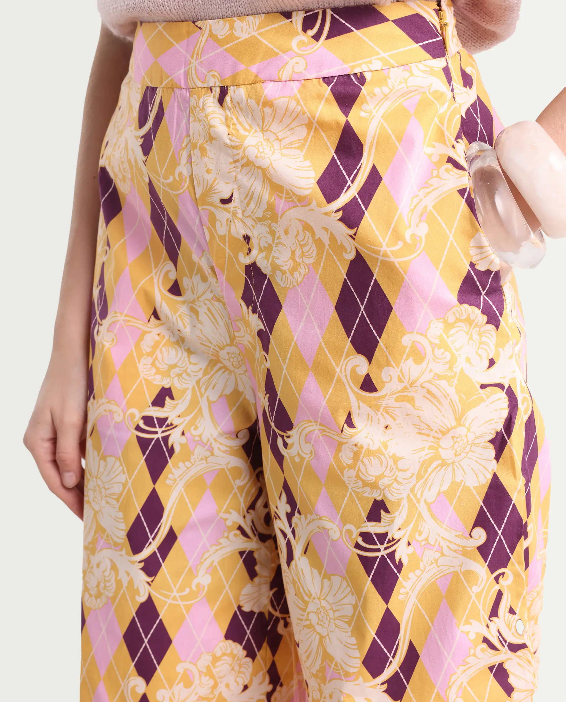 Rareism Women's Bari Light Multi Cotton Geometric Print Ankle Length Wide Trouser - Image 3