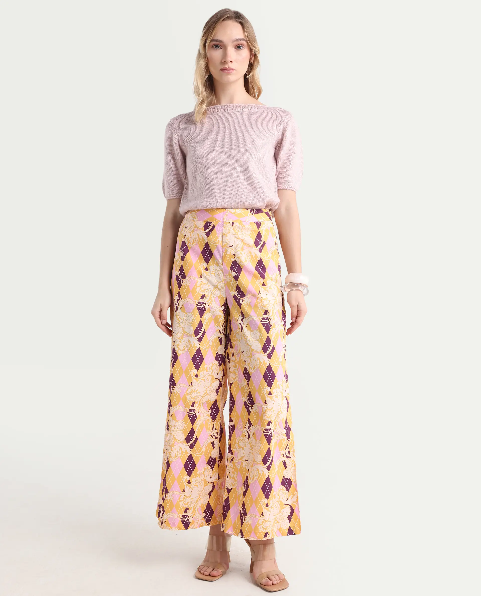 Rareism Women's Bari Light Multi Cotton Geometric Print Ankle Length Wide Trouser - Image 4