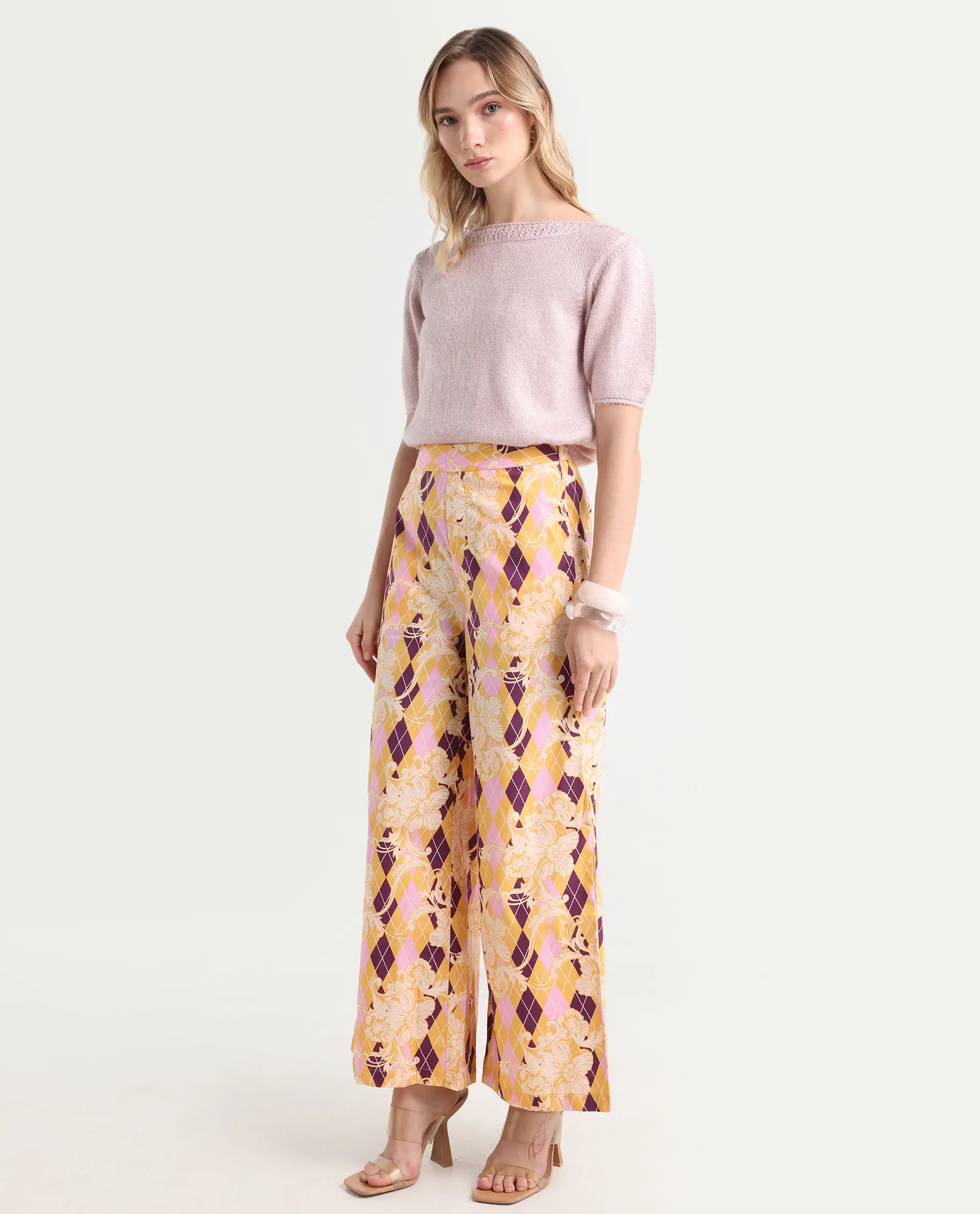 Rareism Women's Bari Light Multi Cotton Geometric Print Ankle Length Wide Trouser - Image 5