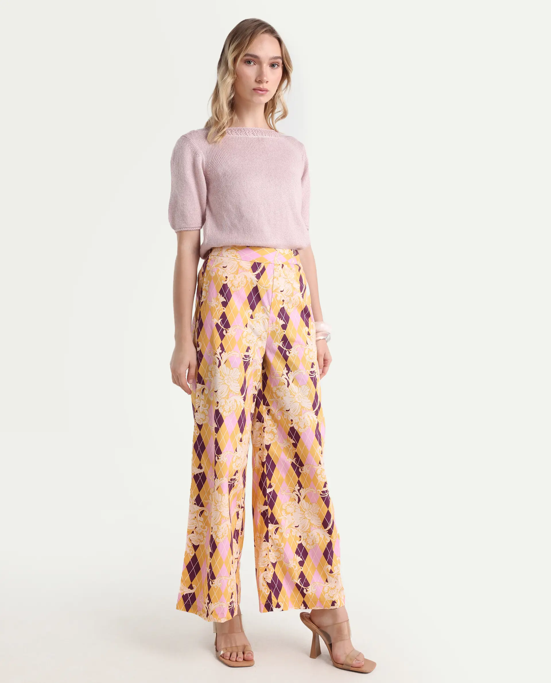 Rareism Women's Bari Light Multi Cotton Geometric Print Ankle Length Wide Trouser - Image 6
