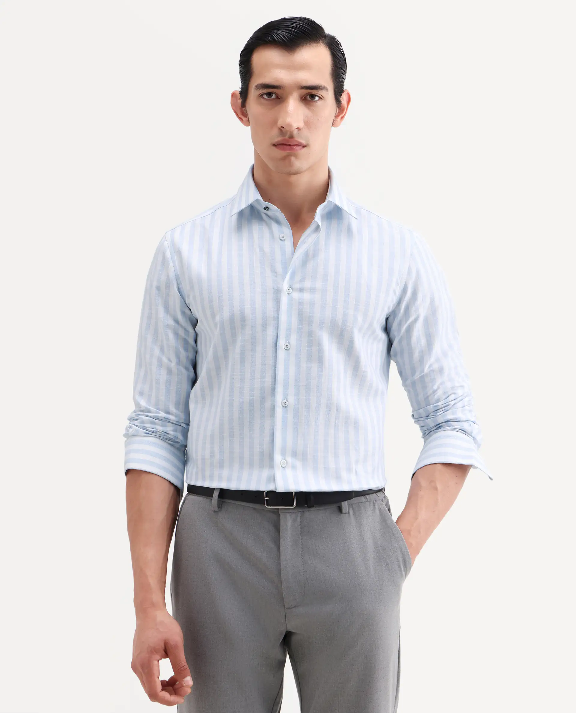 Rare Rabbit Men's Bario Blue Linen Blend Fabric Full Sleeve Spread Collar Regular Striped Shirt - Image 4