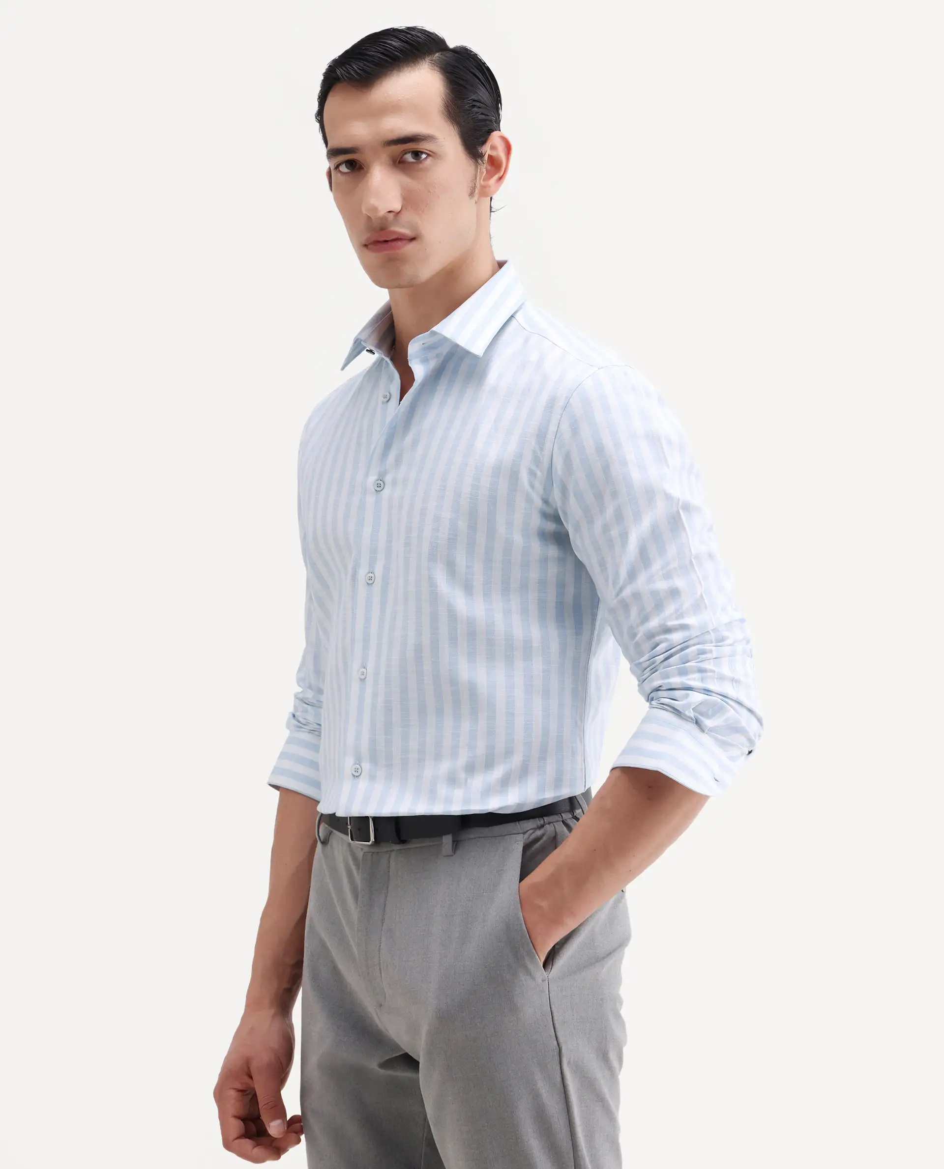 Rare Rabbit Men's Bario Blue Linen Blend Fabric Full Sleeve Spread Collar Regular Striped Shirt - Image 5
