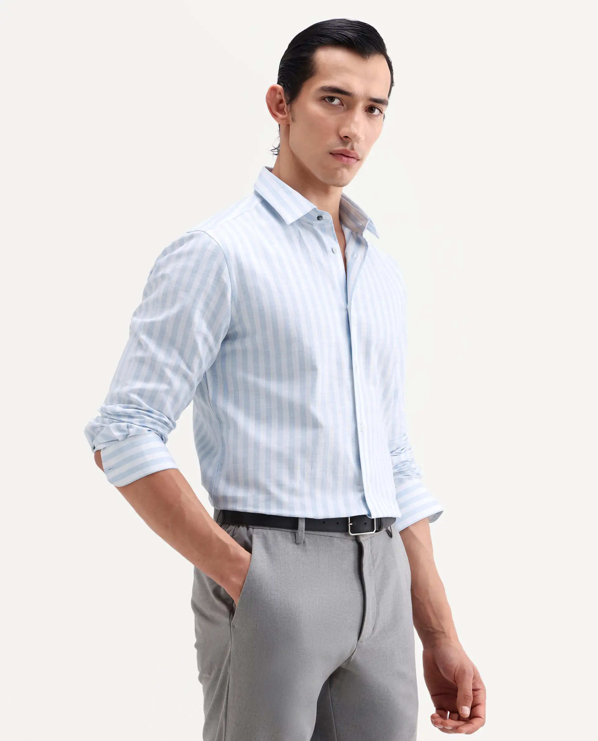 Rare Rabbit Men's Bario Blue Linen Blend Fabric Full Sleeve Spread Collar Regular Striped Shirt - Image 6