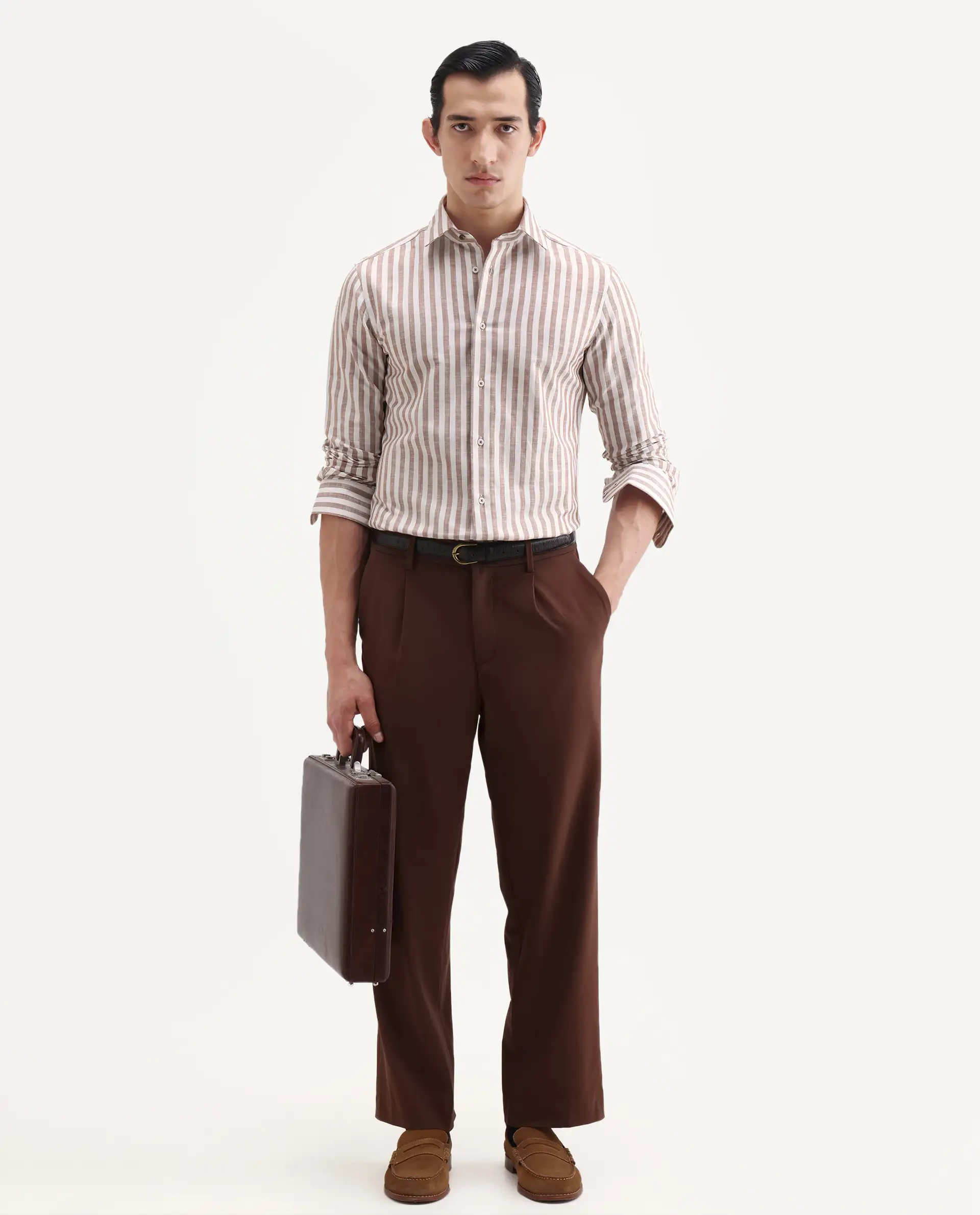 Rare Rabbit Men's Bario Brown Linen Blend Fabric Full Sleeve Spread Collar Regular Striped Shirt - Image 2