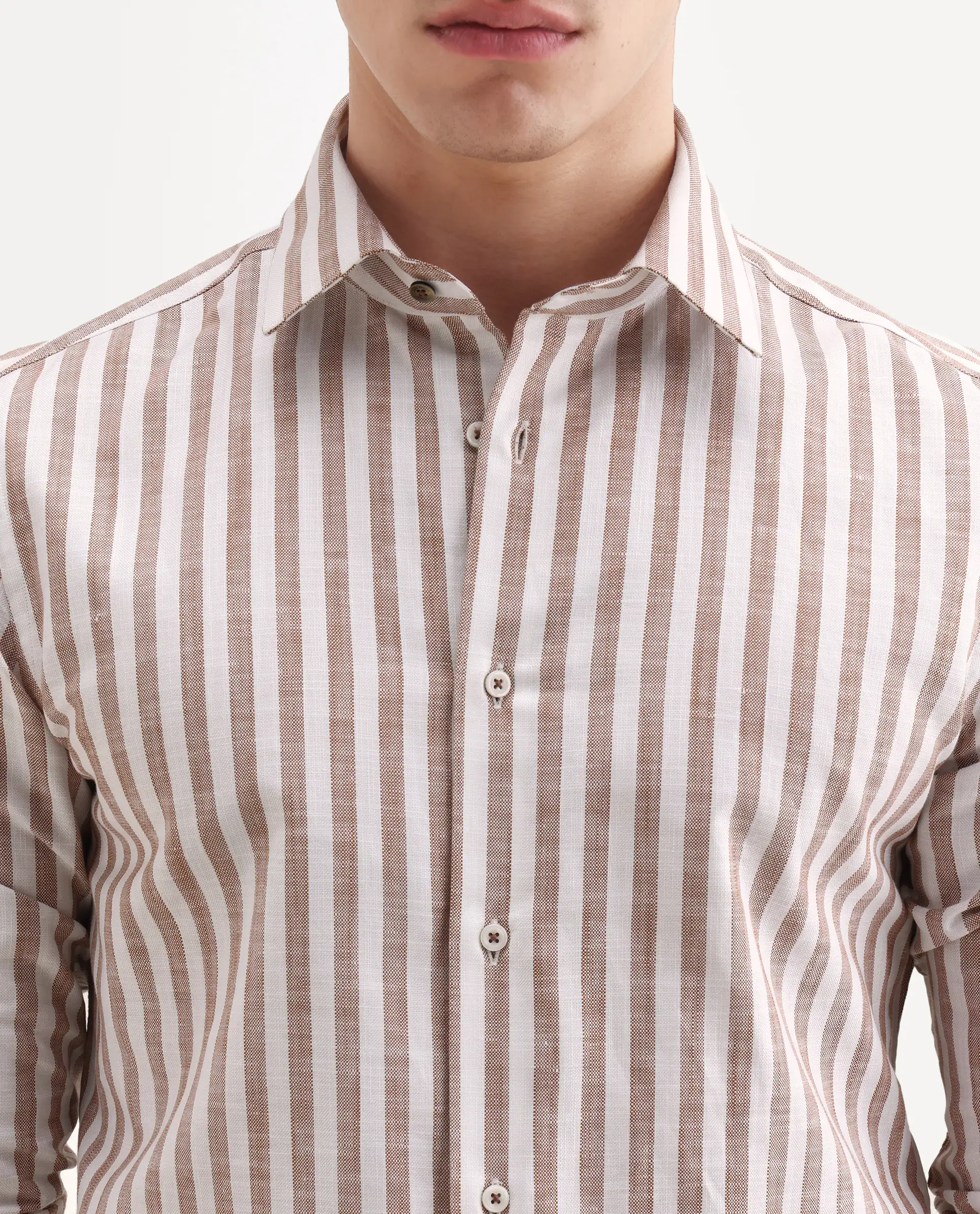 Rare Rabbit Men's Bario Brown Linen Blend Fabric Full Sleeve Spread Collar Regular Striped Shirt - Image 3