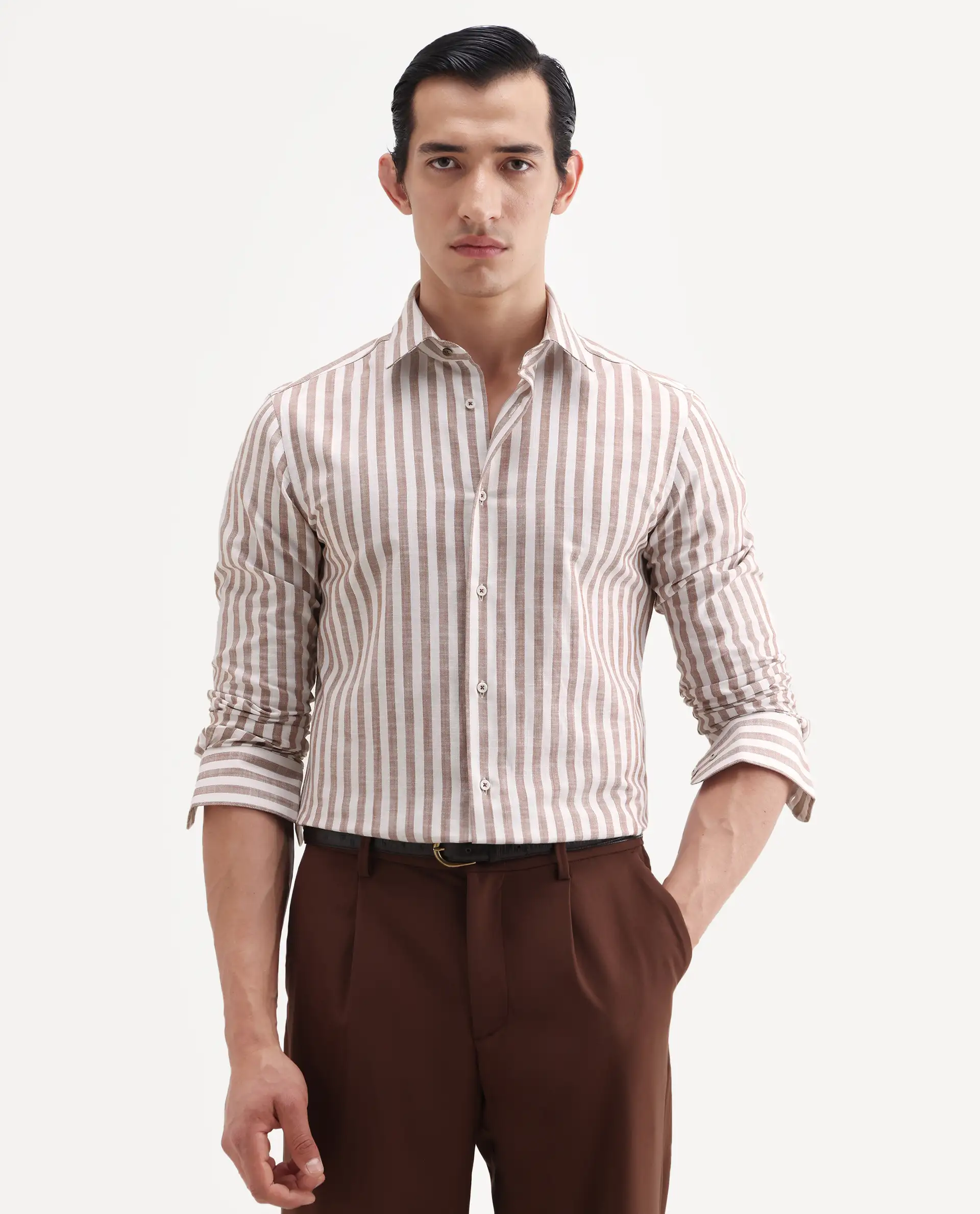 Rare Rabbit Men's Bario Brown Linen Blend Fabric Full Sleeve Spread Collar Regular Striped Shirt - Image 4