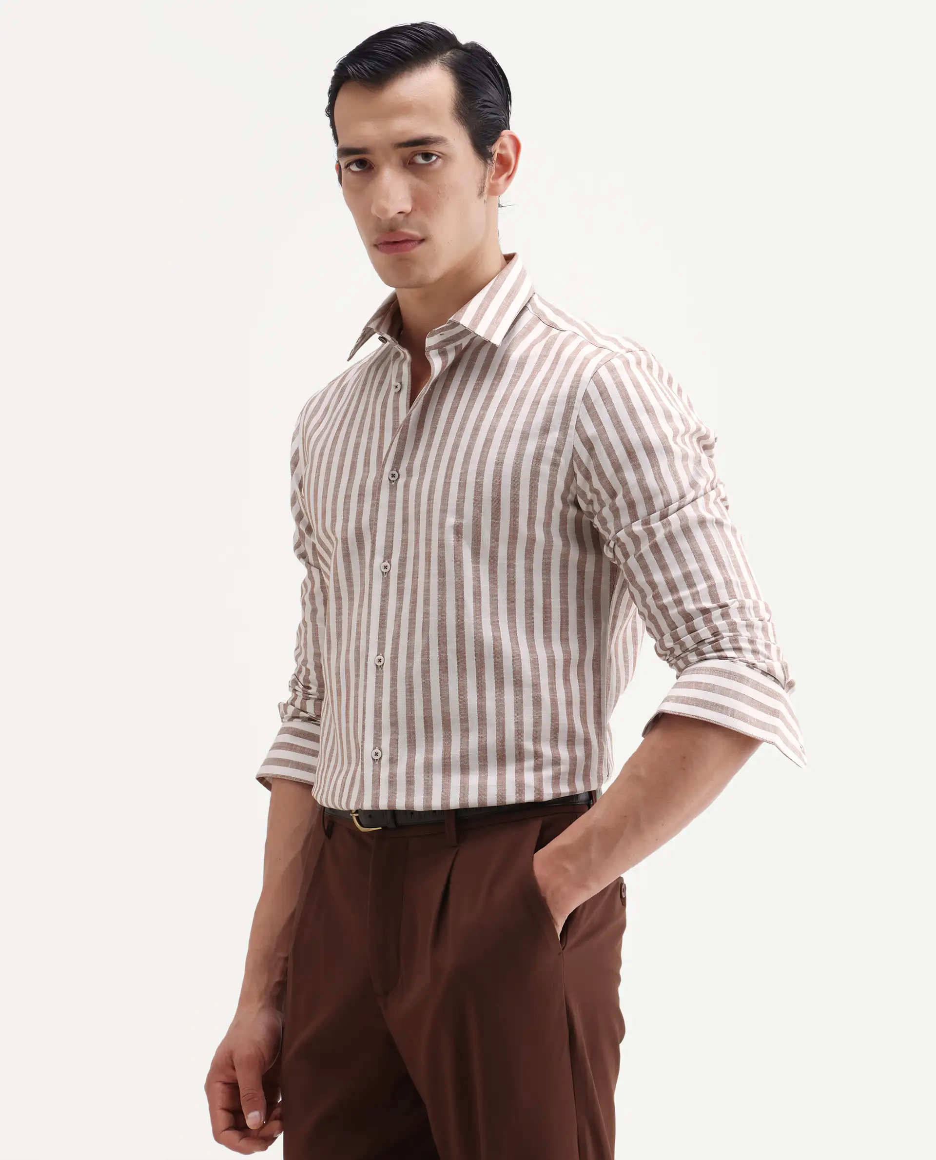 Rare Rabbit Men's Bario Brown Linen Blend Fabric Full Sleeve Spread Collar Regular Striped Shirt - Image 5