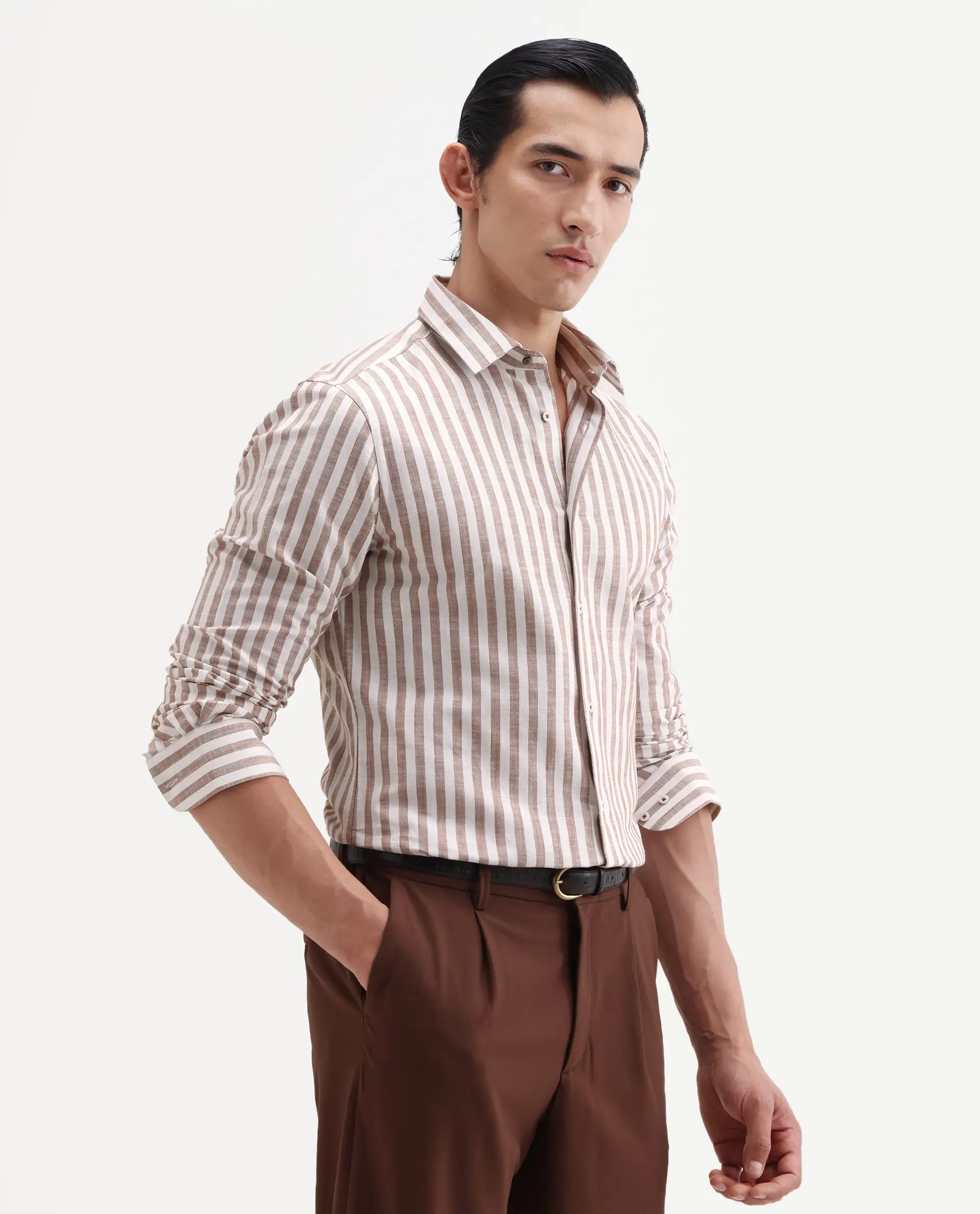 Rare Rabbit Men's Bario Brown Linen Blend Fabric Full Sleeve Spread Collar Regular Striped Shirt - Image 6