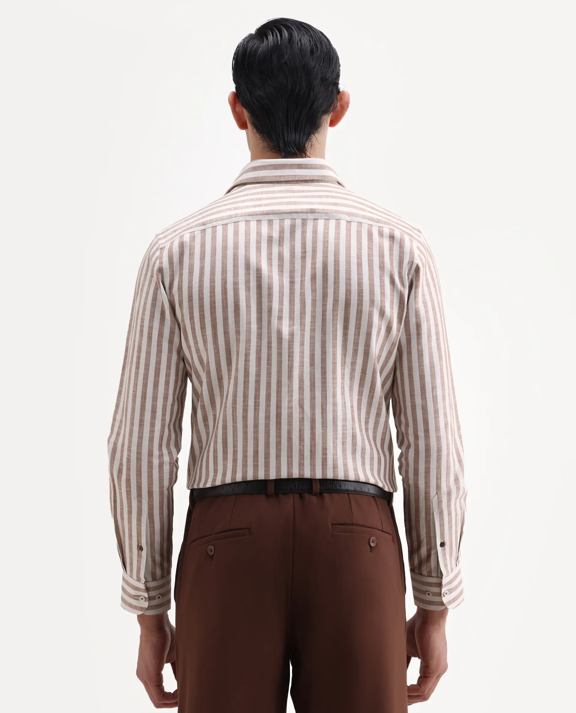 Rare Rabbit Men's Bario Brown Linen Blend Fabric Full Sleeve Spread Collar Regular Striped Shirt - Image 7