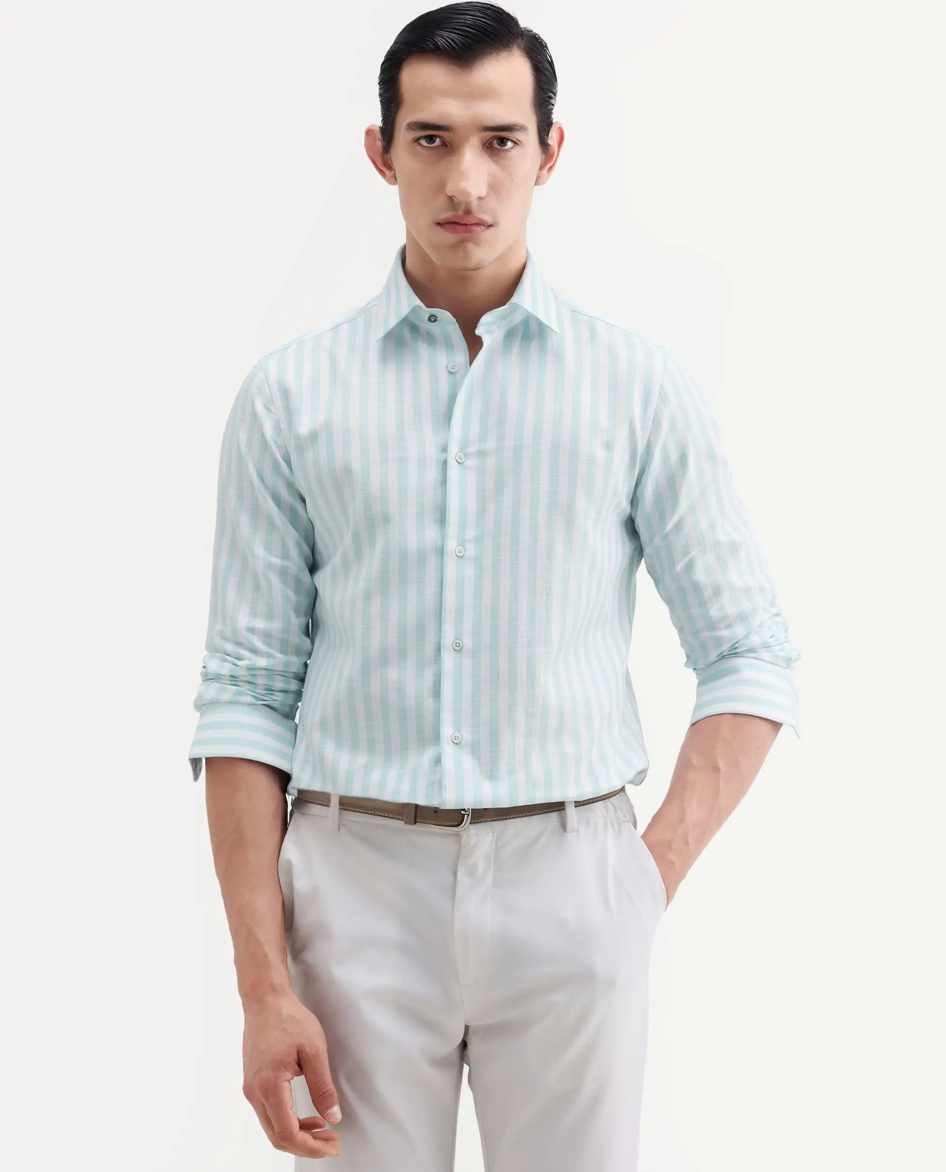 Rare Rabbit Men's Bario Green Linen Blend Fabric Full Sleeve Spread Collar Regular Striped Shirt