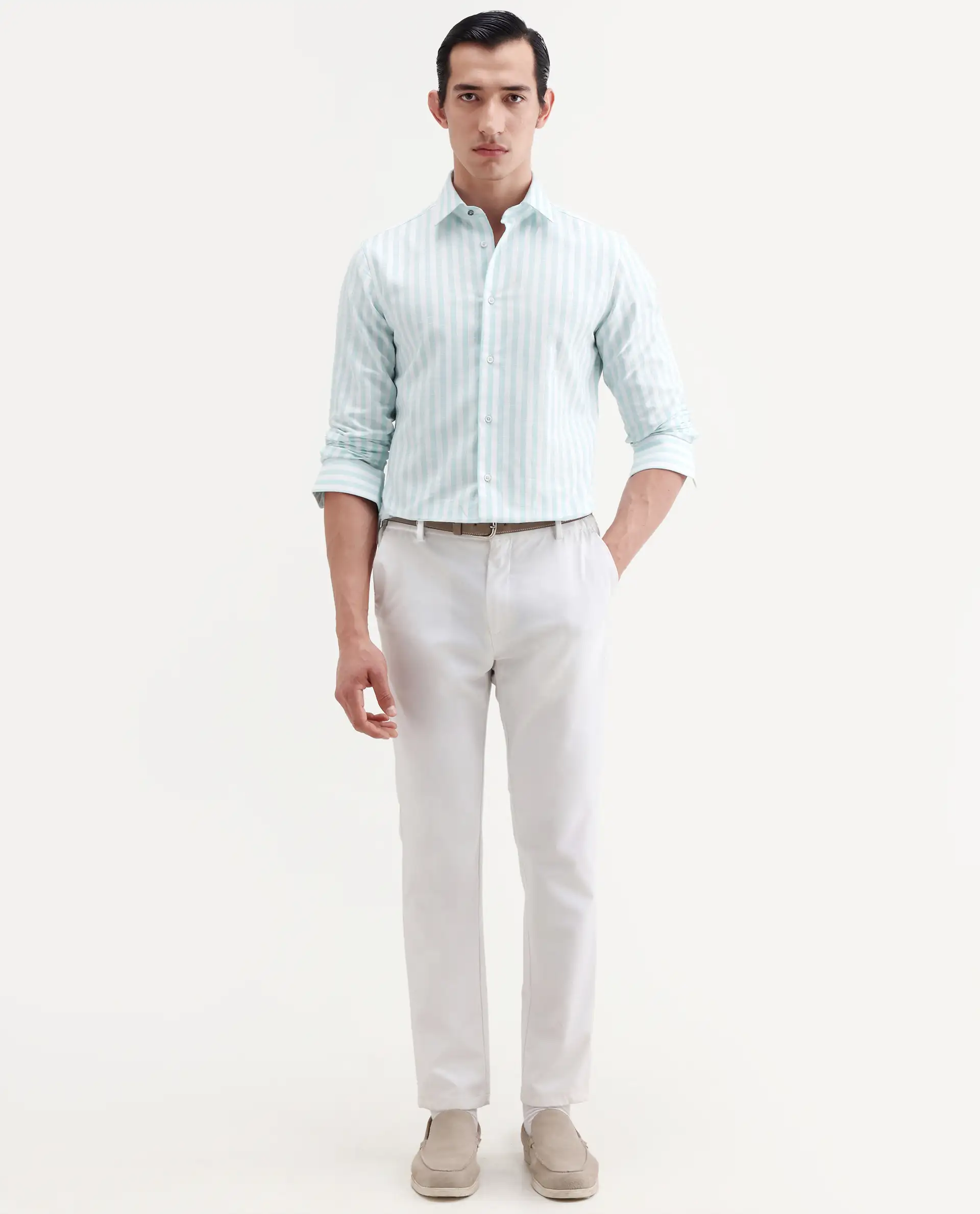 Rare Rabbit Men's Bario Green Linen Blend Fabric Full Sleeve Spread Collar Regular Striped Shirt - Image 2