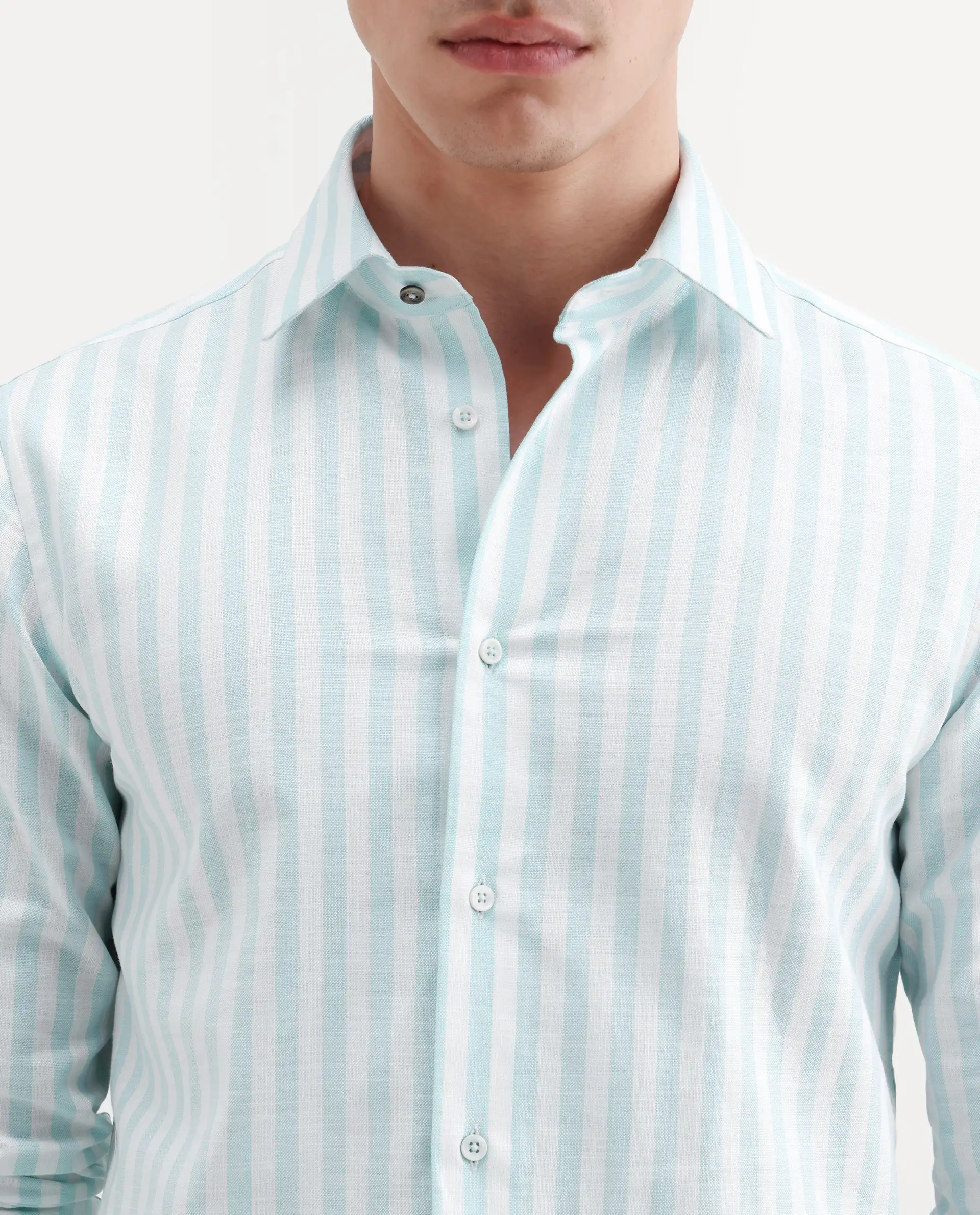 Rare Rabbit Men's Bario Green Linen Blend Fabric Full Sleeve Spread Collar Regular Striped Shirt - Image 3