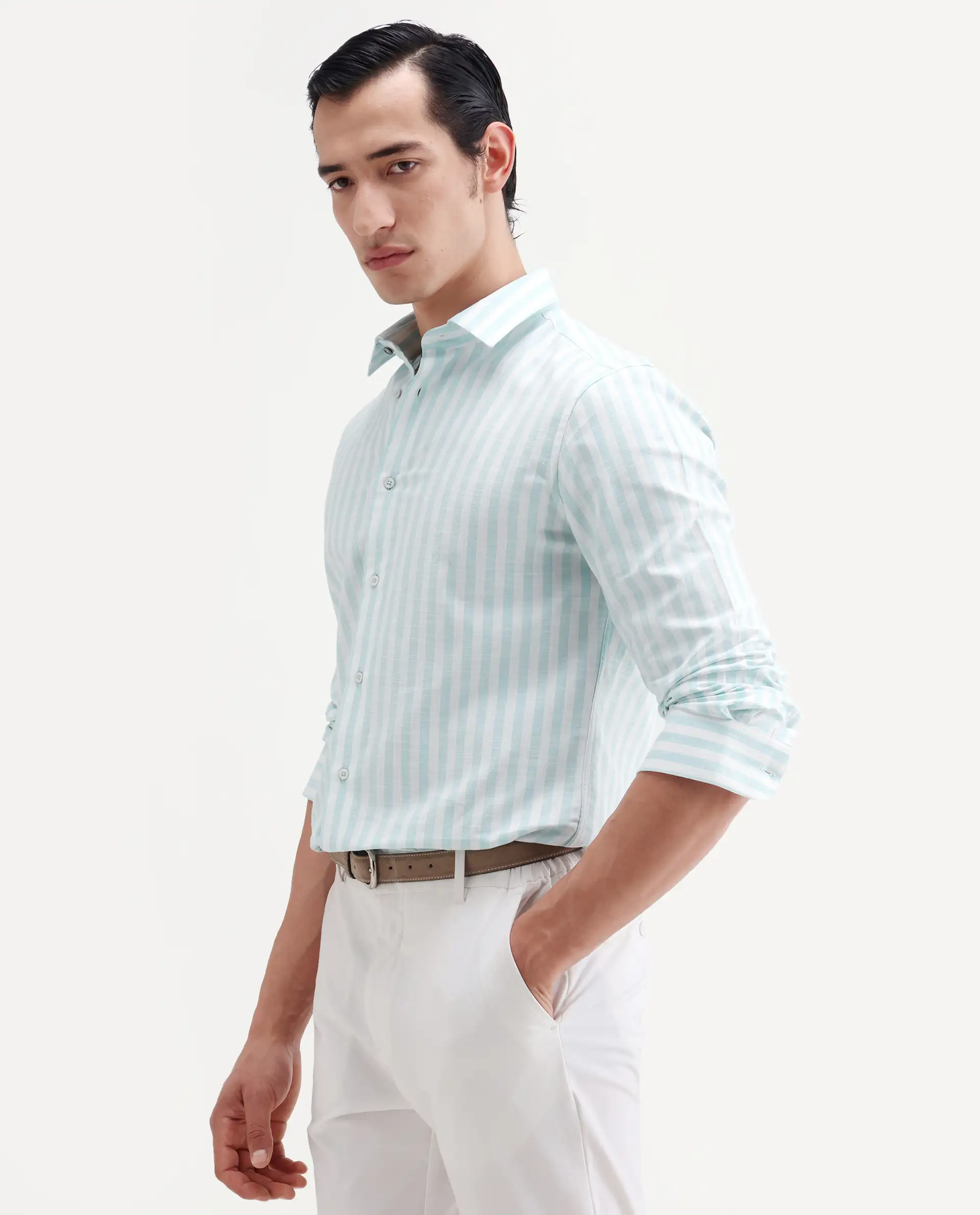 Rare Rabbit Men's Bario Green Linen Blend Fabric Full Sleeve Spread Collar Regular Striped Shirt - Image 4
