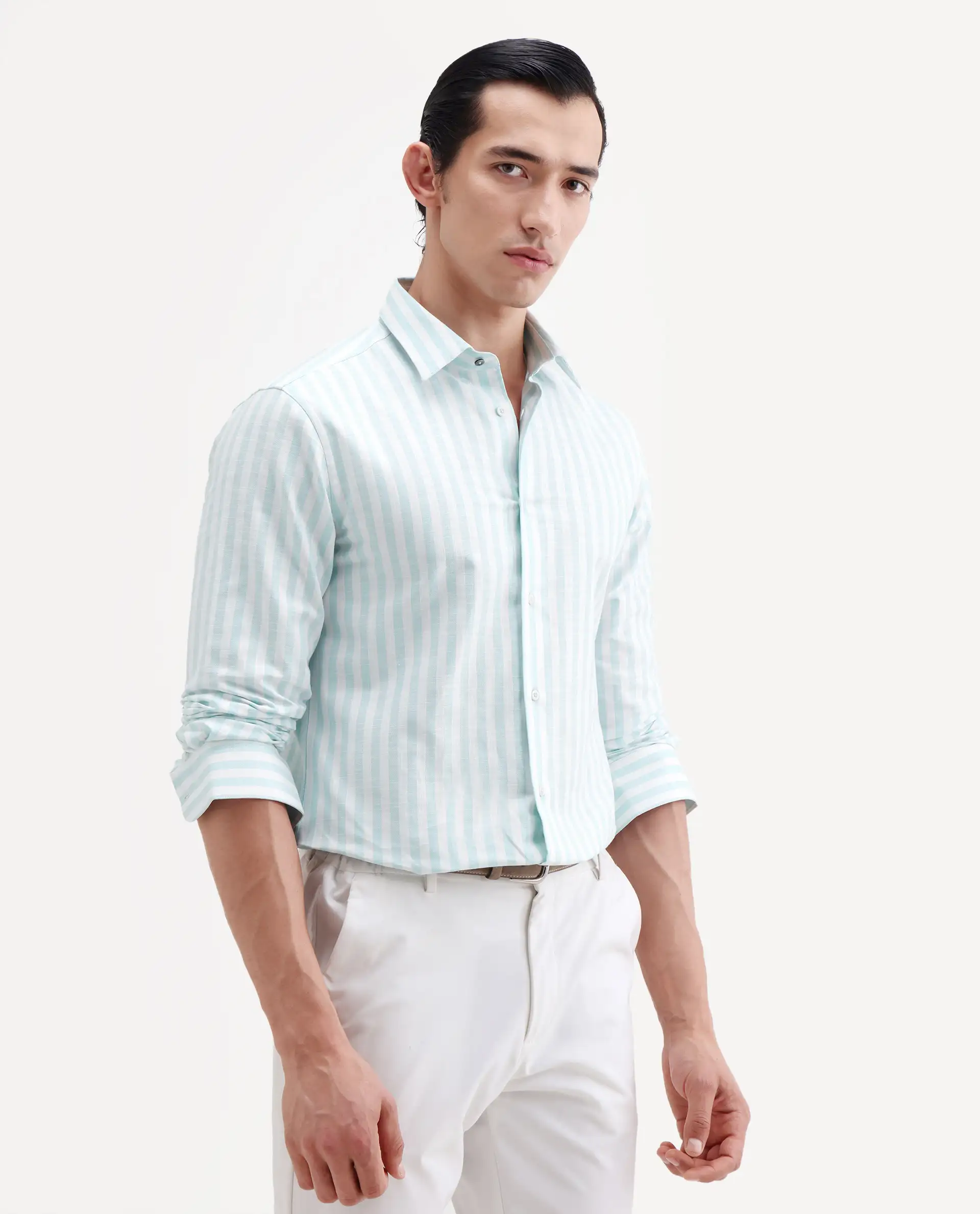 Rare Rabbit Men's Bario Green Linen Blend Fabric Full Sleeve Spread Collar Regular Striped Shirt - Image 5