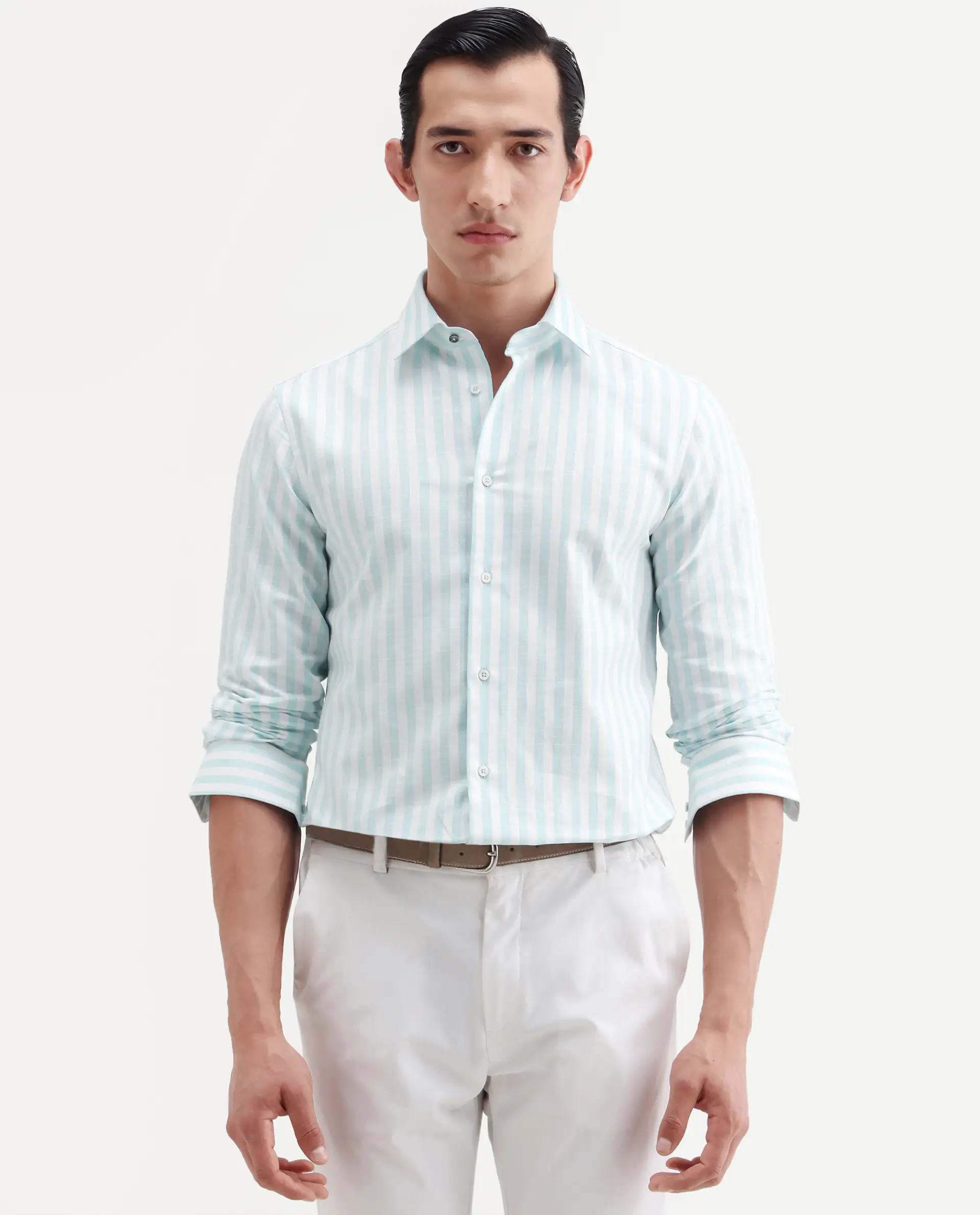 Rare Rabbit Men's Bario Green Linen Blend Fabric Full Sleeve Spread Collar Regular Striped Shirt - Image 6