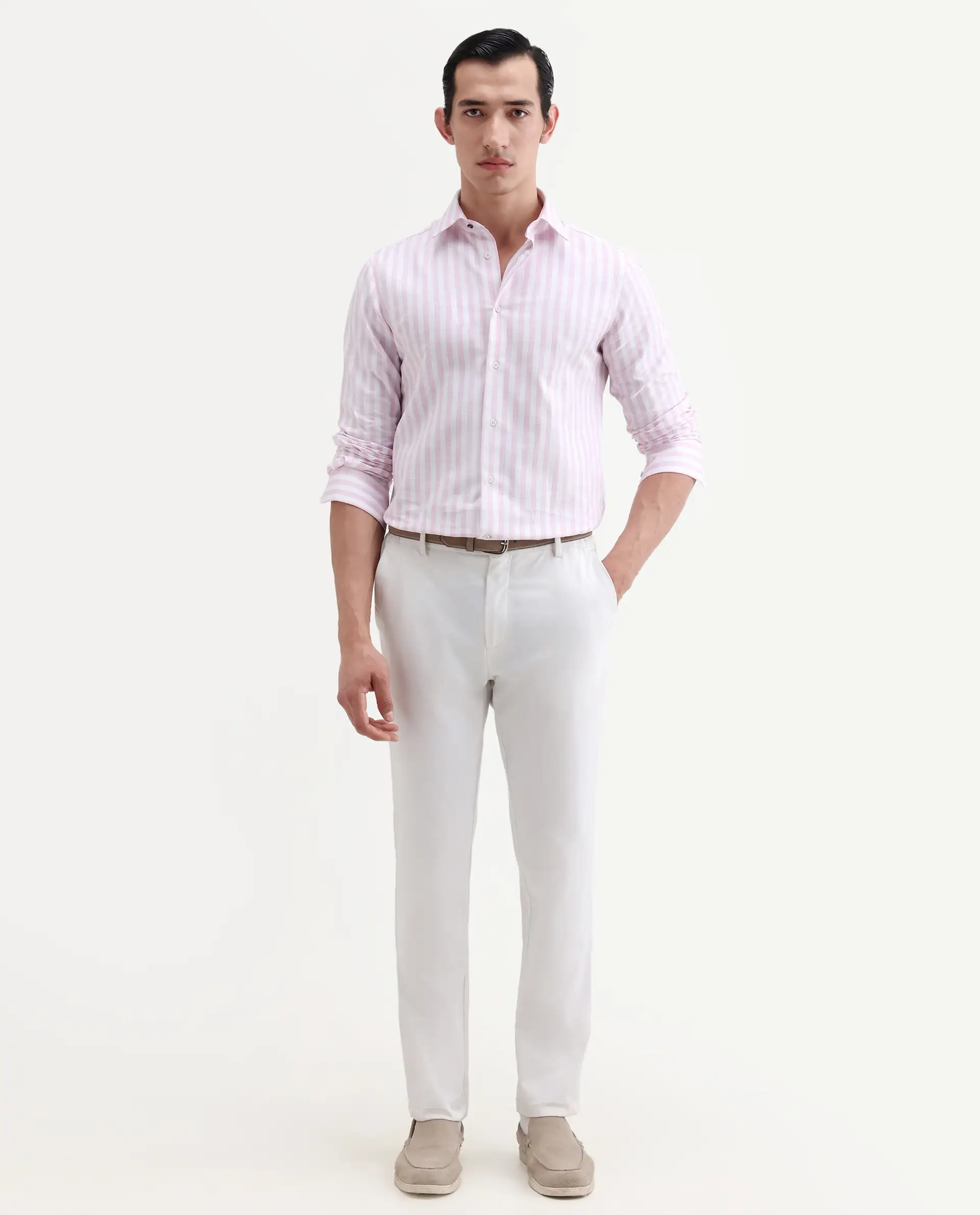 Rare Rabbit Men's Bario Pink Linen Blend Fabric Full Sleeve Spread Collar Regular Striped Shirt - Image 2