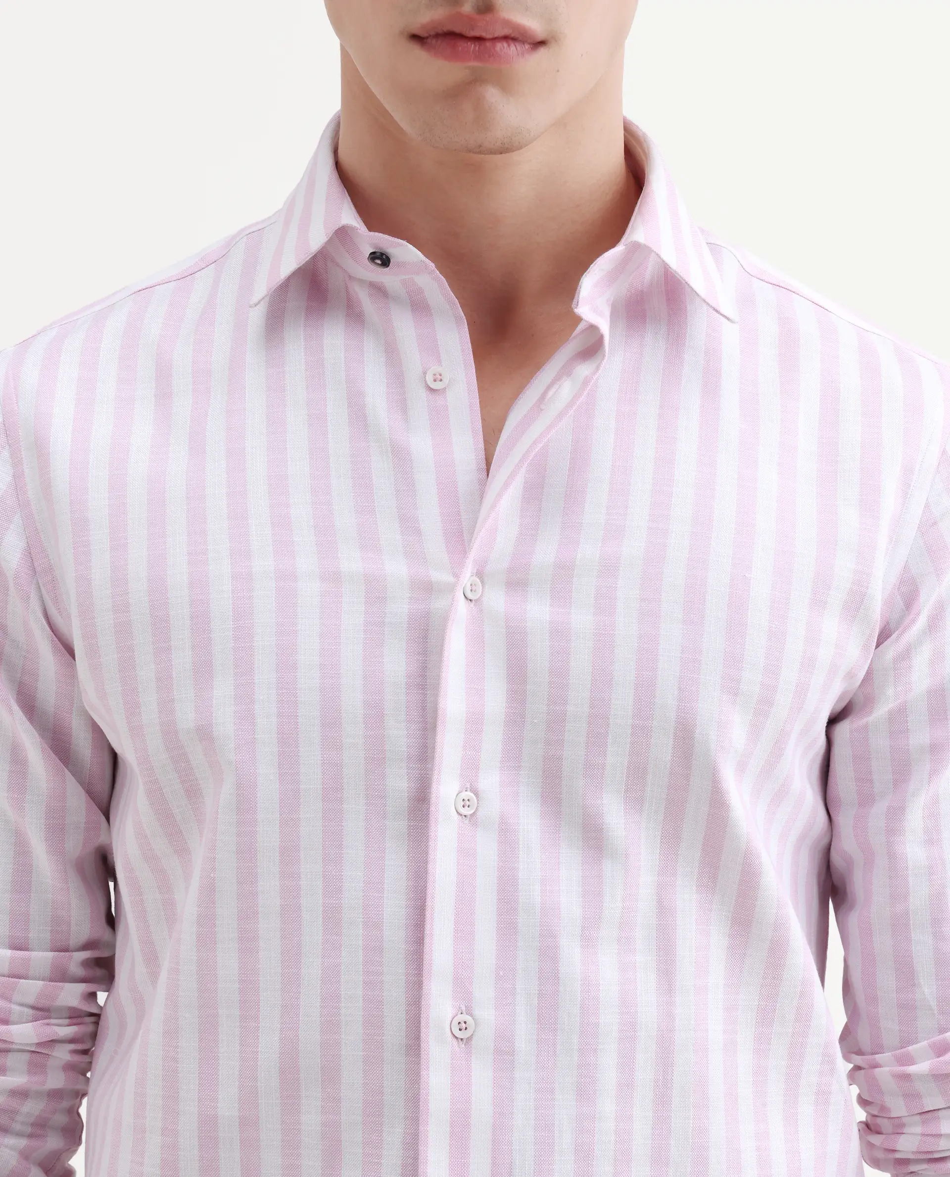 Rare Rabbit Men's Bario Pink Linen Blend Fabric Full Sleeve Spread Collar Regular Striped Shirt - Image 3