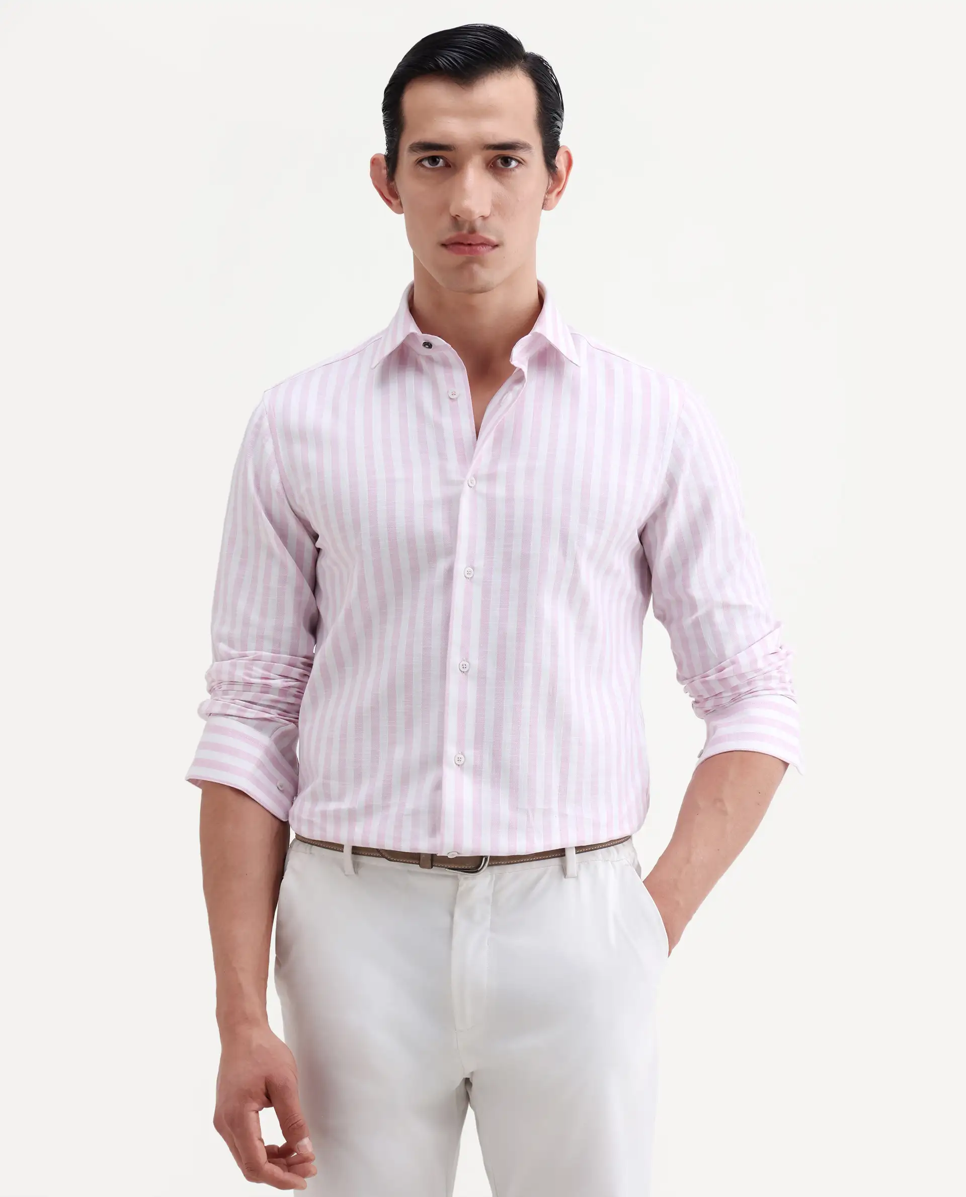 Rare Rabbit Men's Bario Pink Linen Blend Fabric Full Sleeve Spread Collar Regular Striped Shirt - Image 4