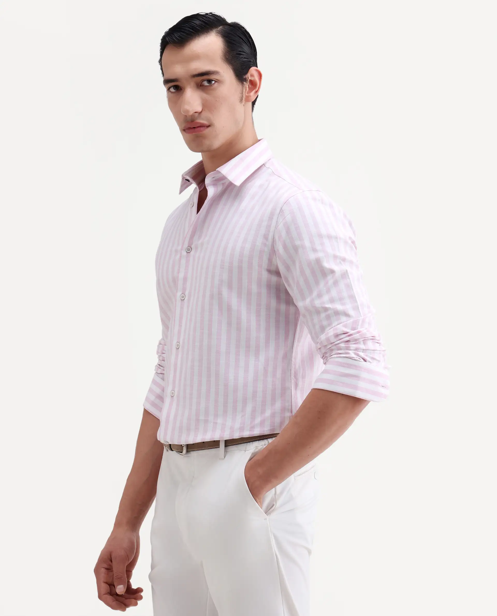 Rare Rabbit Men's Bario Pink Linen Blend Fabric Full Sleeve Spread Collar Regular Striped Shirt - Image 5