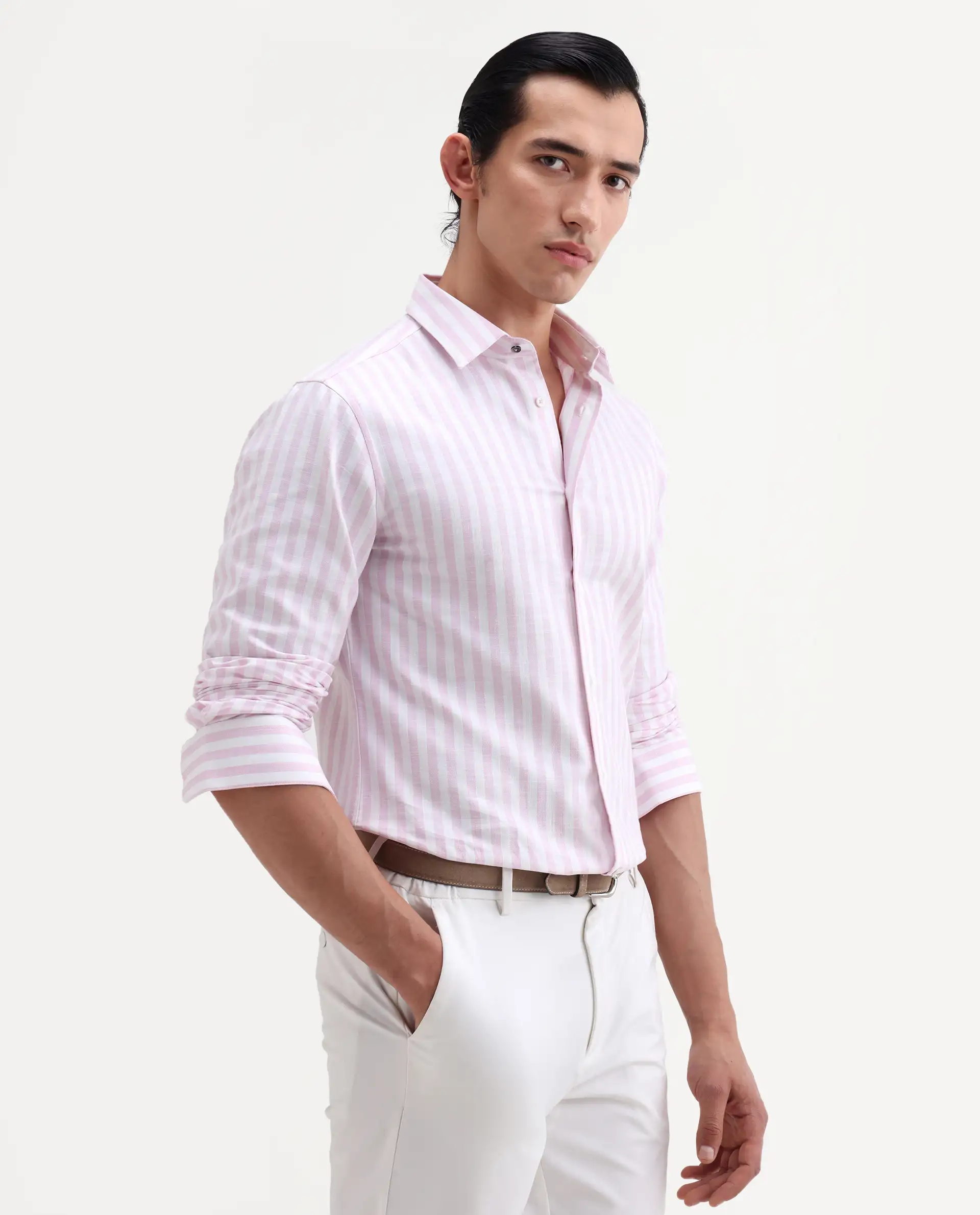 Rare Rabbit Men's Bario Pink Linen Blend Fabric Full Sleeve Spread Collar Regular Striped Shirt - Image 6