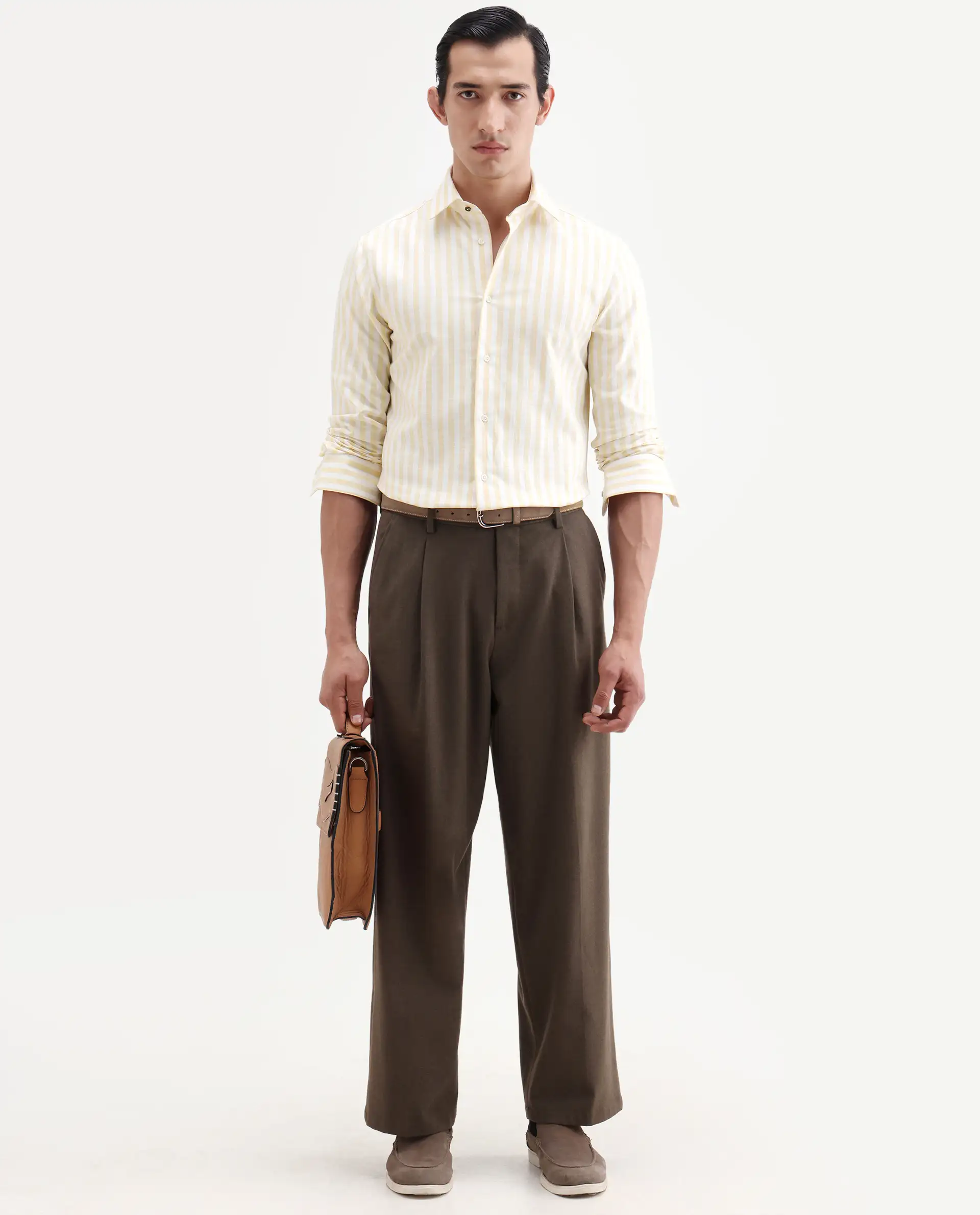 Rare Rabbit Men's Bario Yellow Linen Blend Fabric Full Sleeve Spread Collar Regular Striped Shirt - Image 2