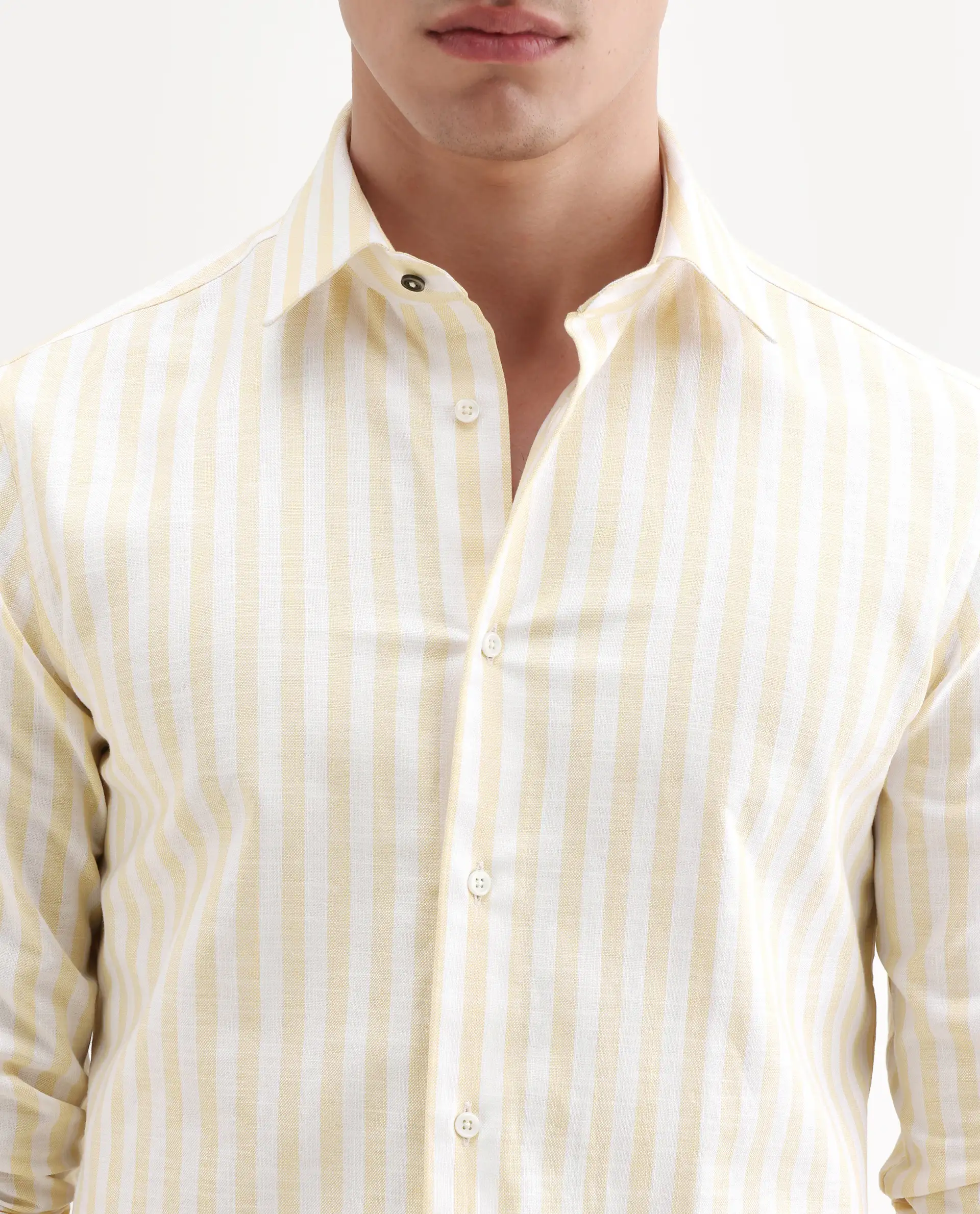 Rare Rabbit Men's Bario Yellow Linen Blend Fabric Full Sleeve Spread Collar Regular Striped Shirt - Image 3