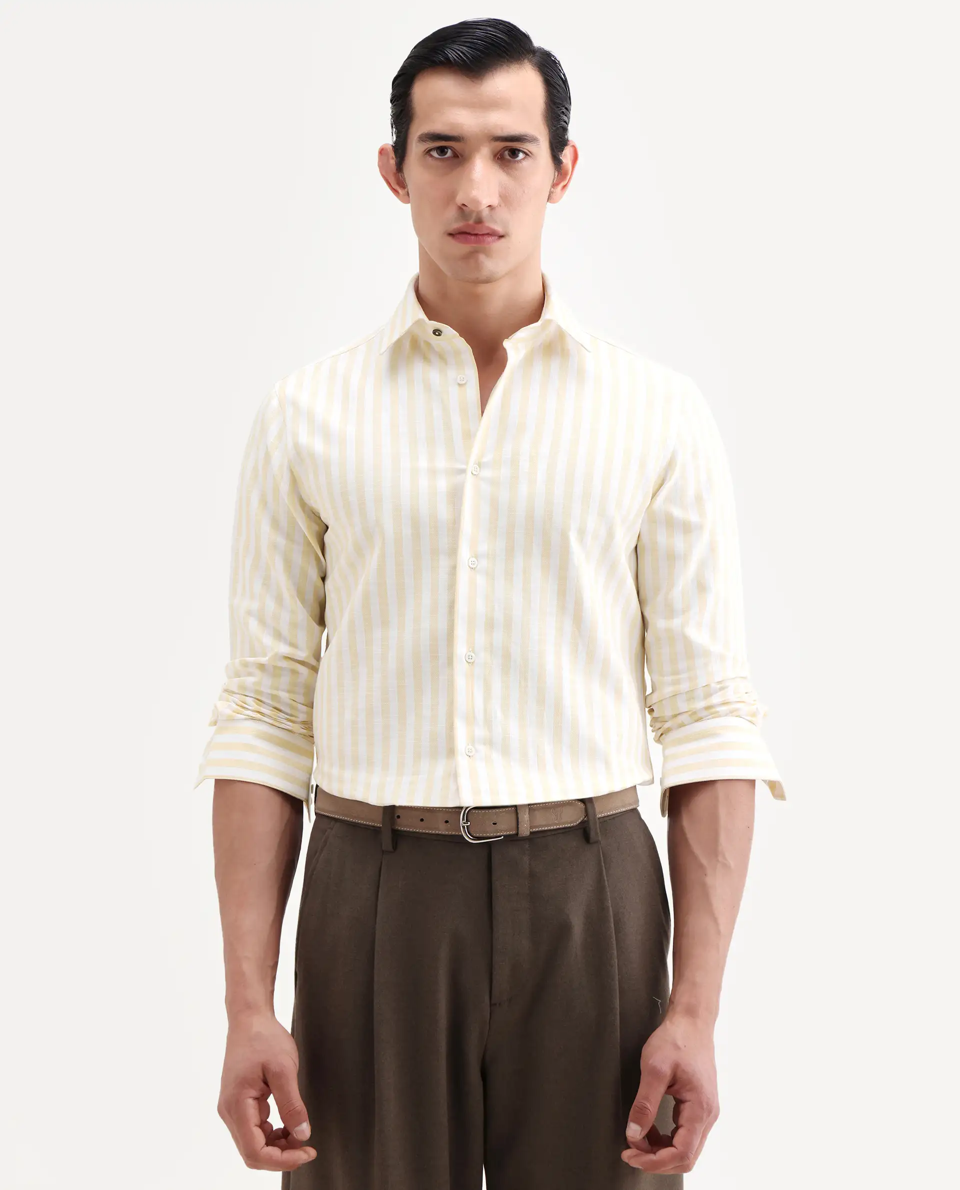 Rare Rabbit Men's Bario Yellow Linen Blend Fabric Full Sleeve Spread Collar Regular Striped Shirt - Image 4