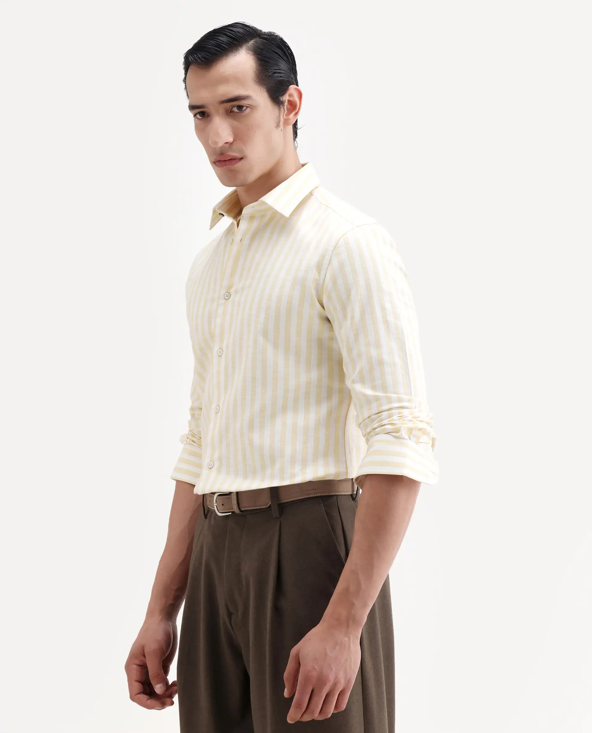 Rare Rabbit Men's Bario Yellow Linen Blend Fabric Full Sleeve Spread Collar Regular Striped Shirt - Image 5