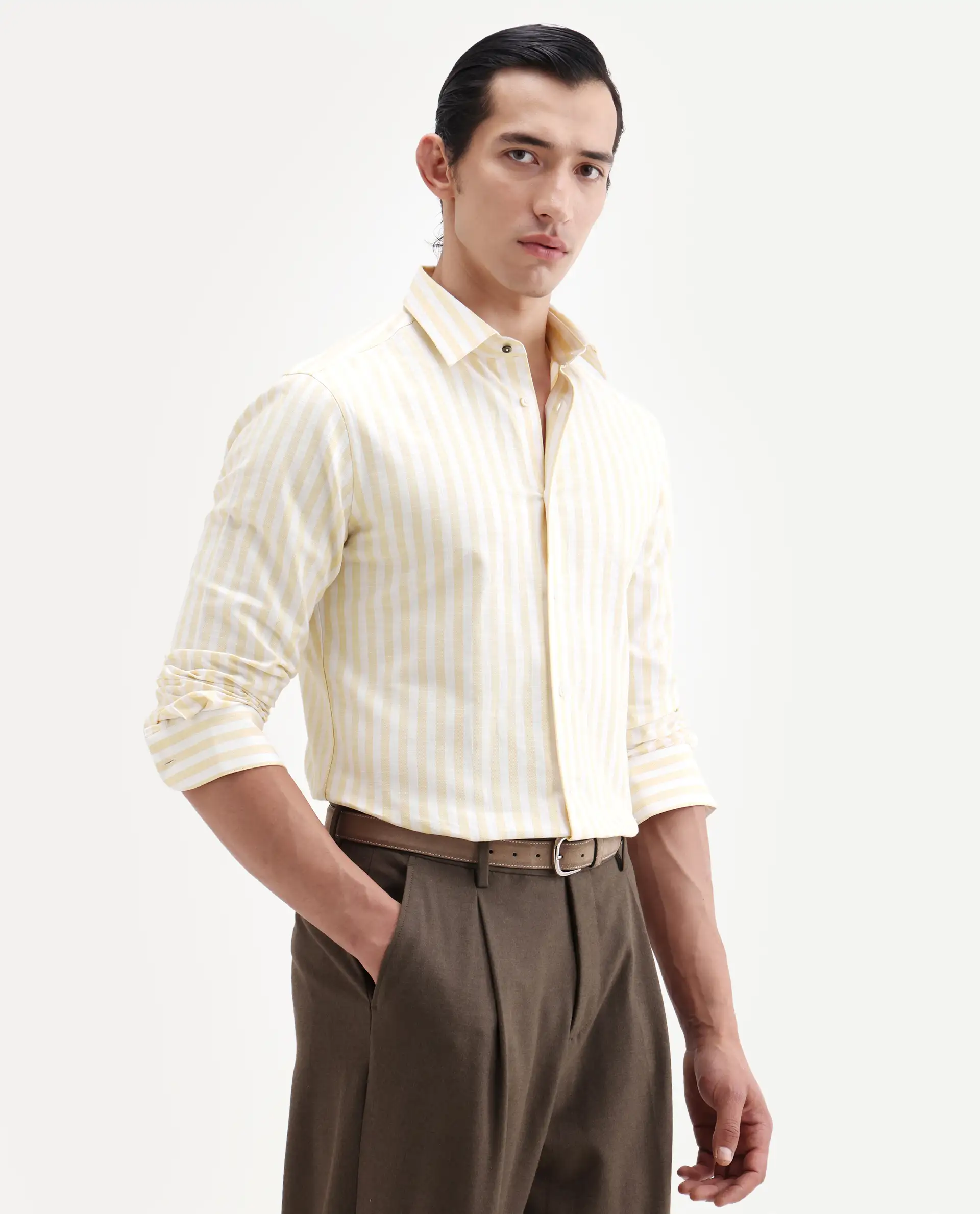Rare Rabbit Men's Bario Yellow Linen Blend Fabric Full Sleeve Spread Collar Regular Striped Shirt - Image 6
