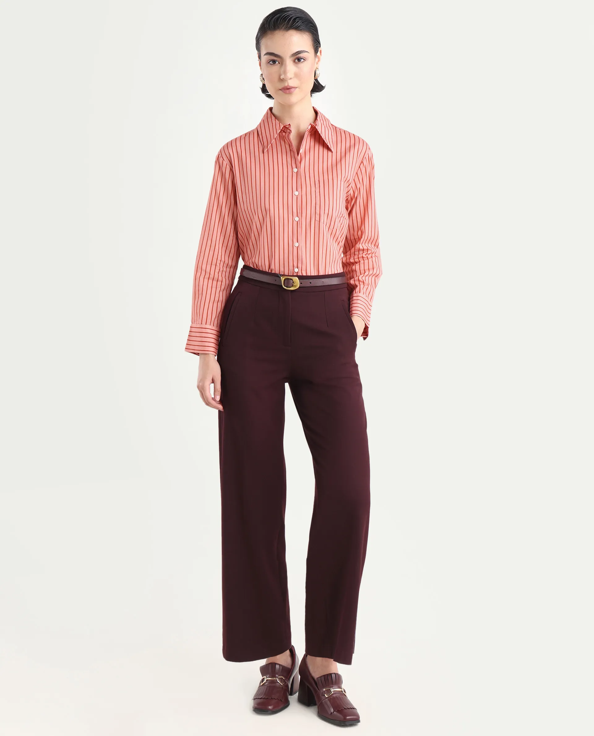 Rareism Women's Barletta Pastel Pink Cotton Drop Collar Striped Cuffed Sleeve Regular Fit Shirt - Image 2