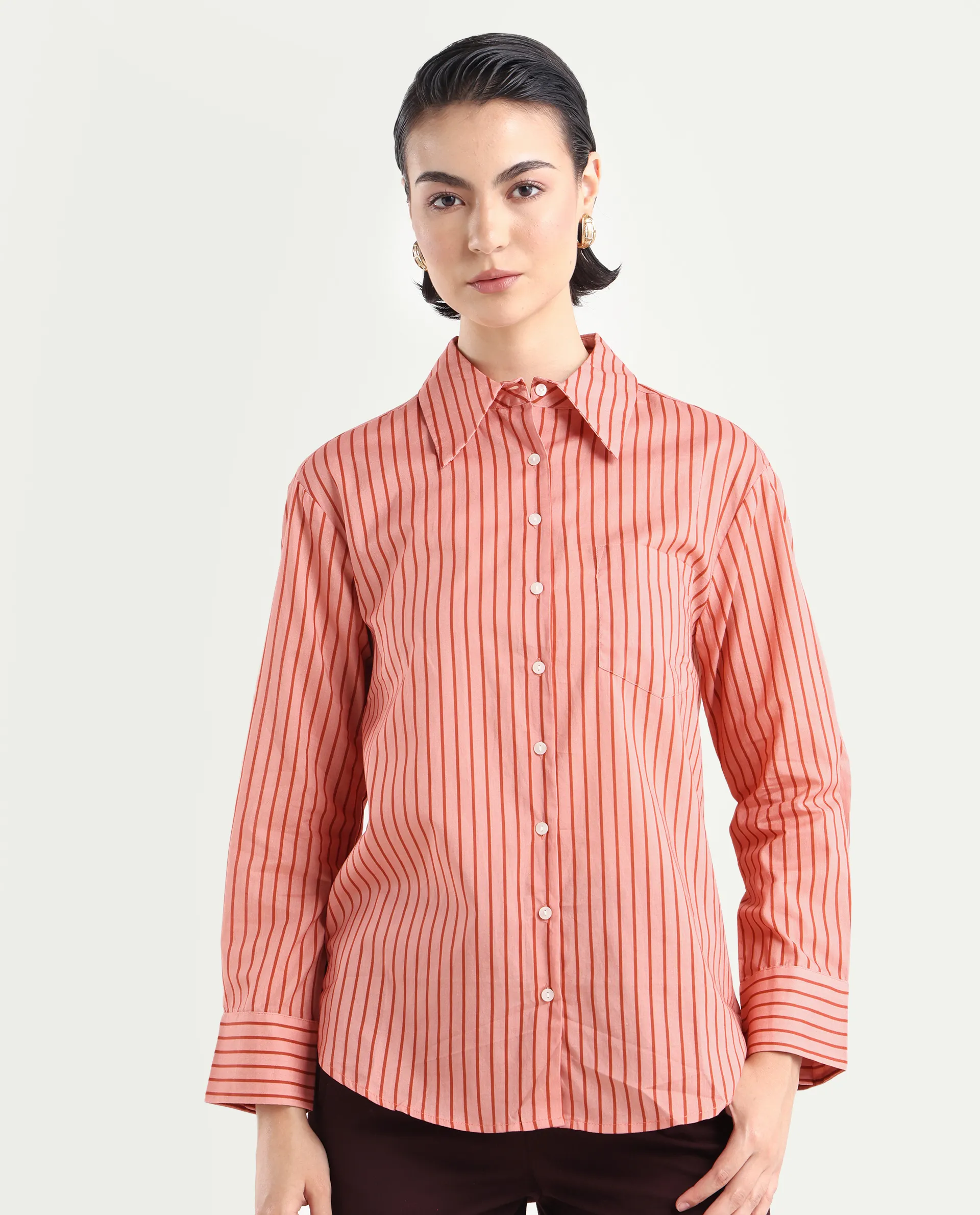 Rareism Women's Barletta Pastel Pink Cotton Drop Collar Striped Cuffed Sleeve Regular Fit Shirt - Image 3