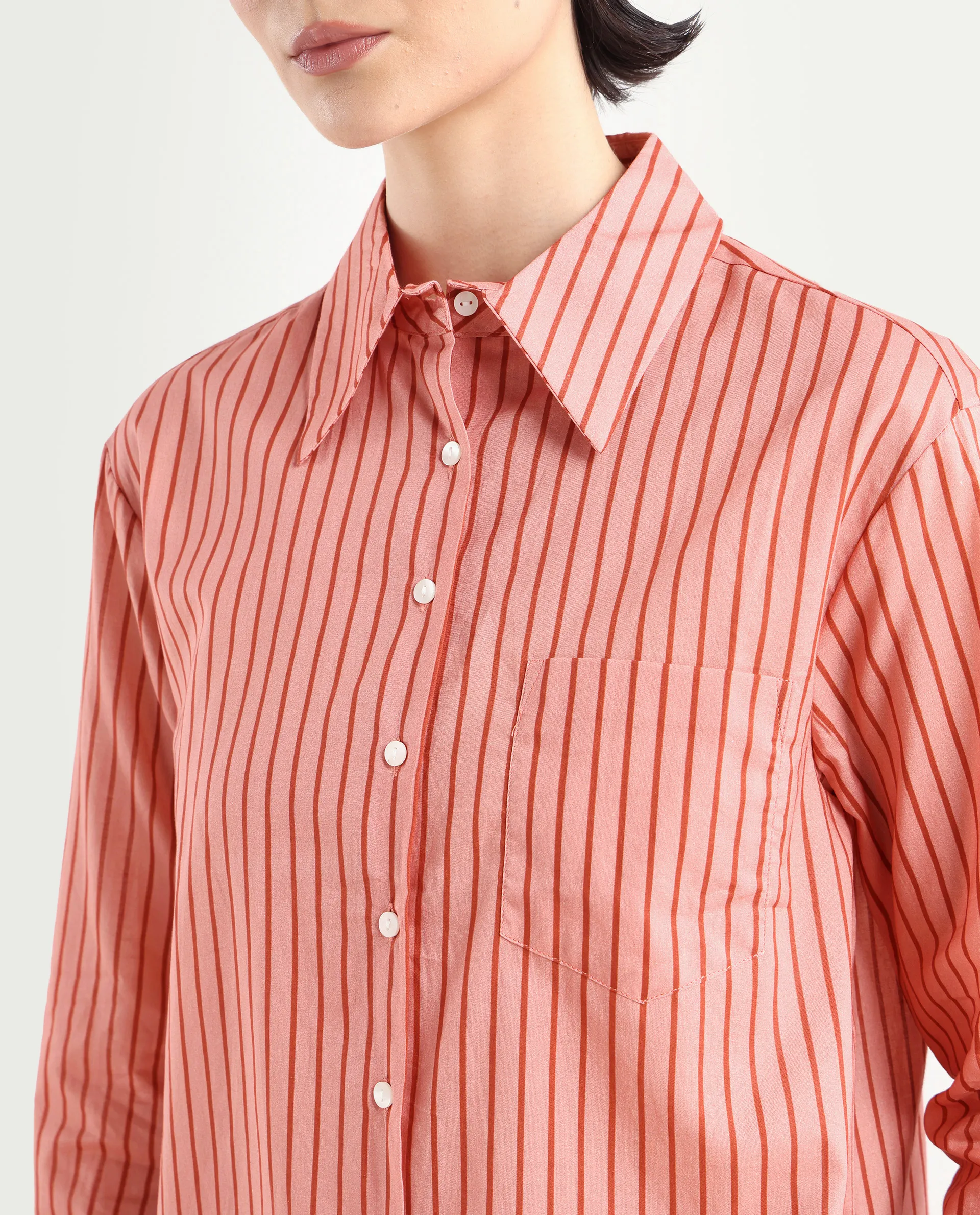 Rareism Women's Barletta Pastel Pink Cotton Drop Collar Striped Cuffed Sleeve Regular Fit Shirt - Image 4