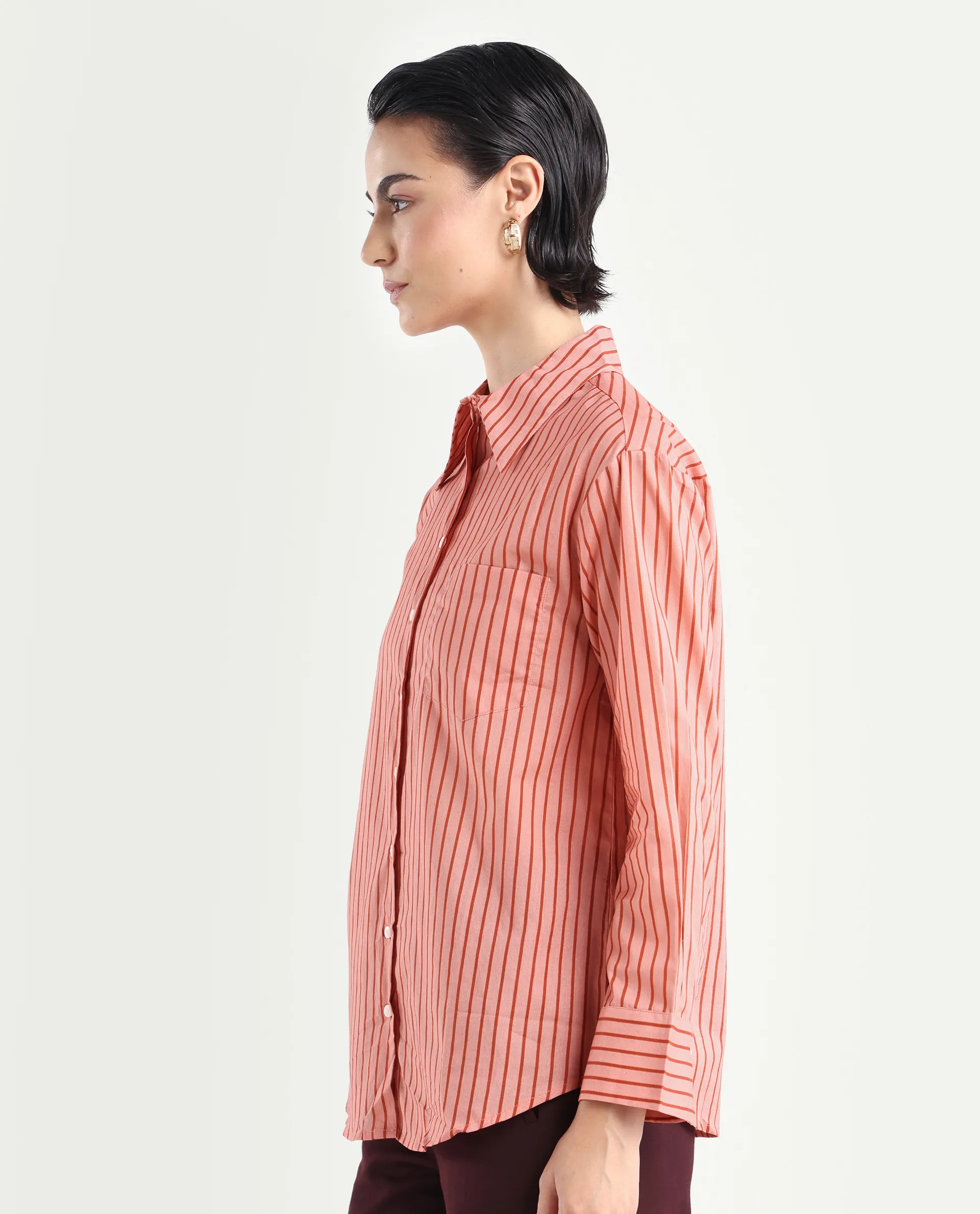 Rareism Women's Barletta Pastel Pink Cotton Drop Collar Striped Cuffed Sleeve Regular Fit Shirt - Image 5