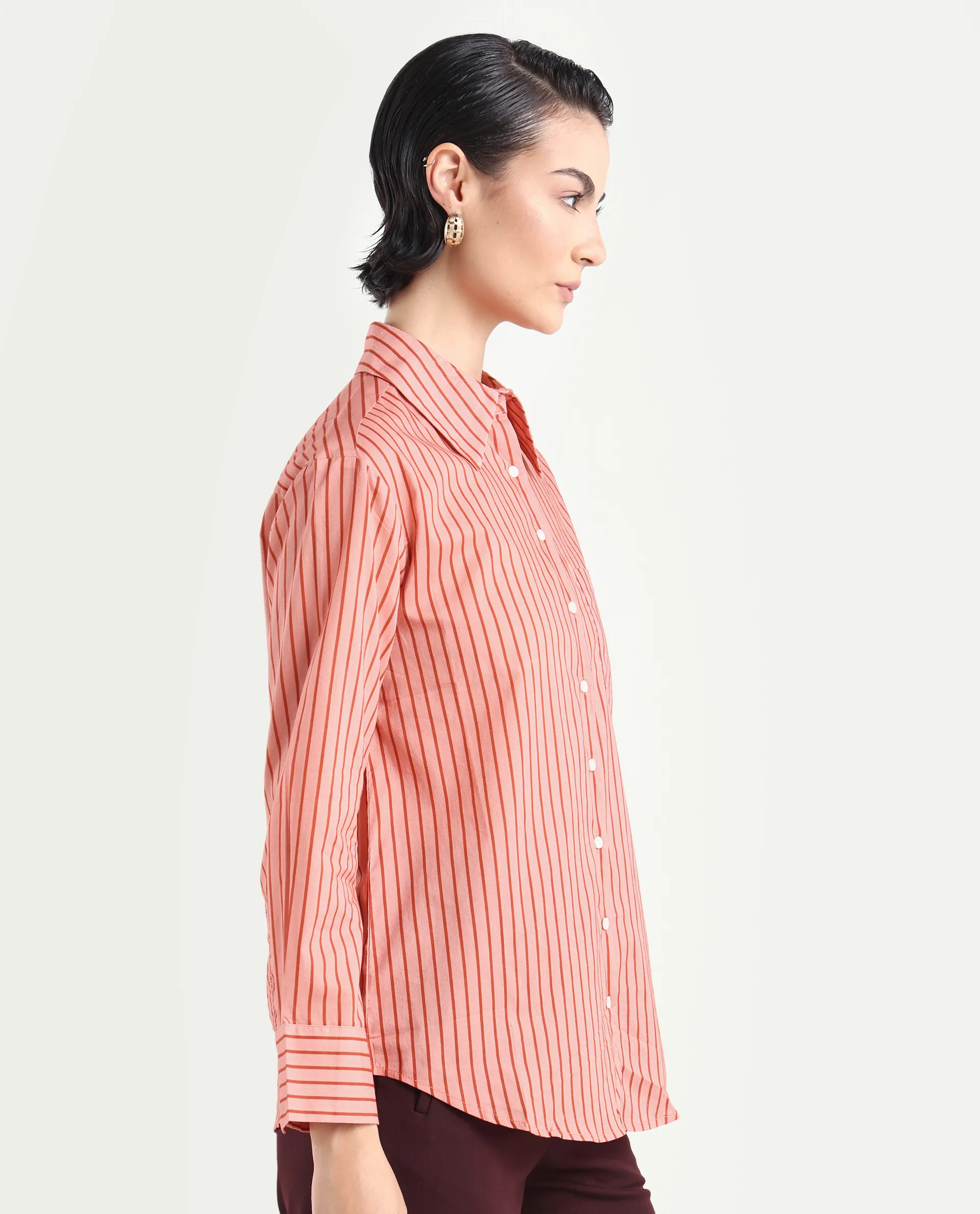 Rareism Women's Barletta Pastel Pink Cotton Drop Collar Striped Cuffed Sleeve Regular Fit Shirt - Image 6