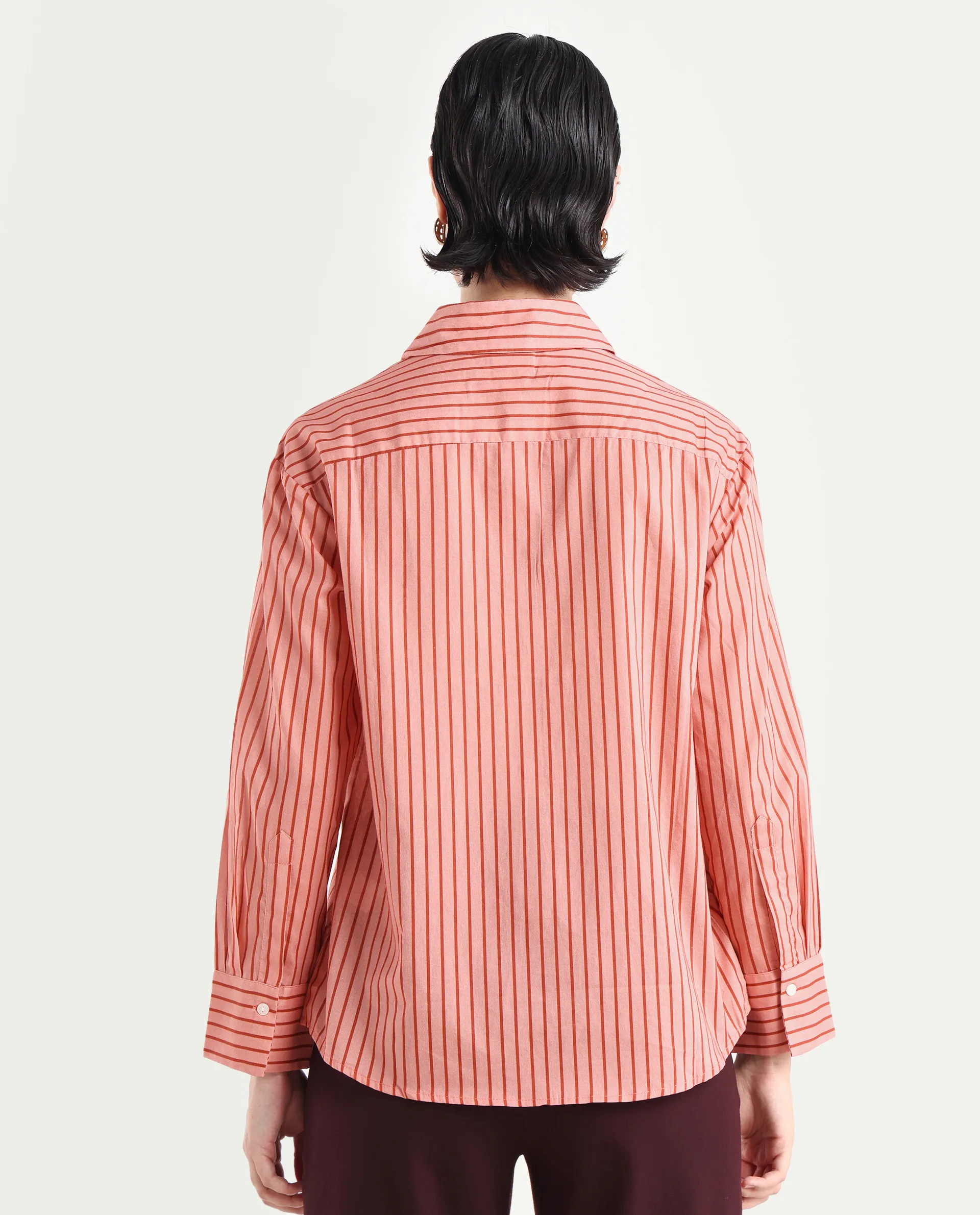 Rareism Women's Barletta Pastel Pink Cotton Drop Collar Striped Cuffed Sleeve Regular Fit Shirt - Image 7