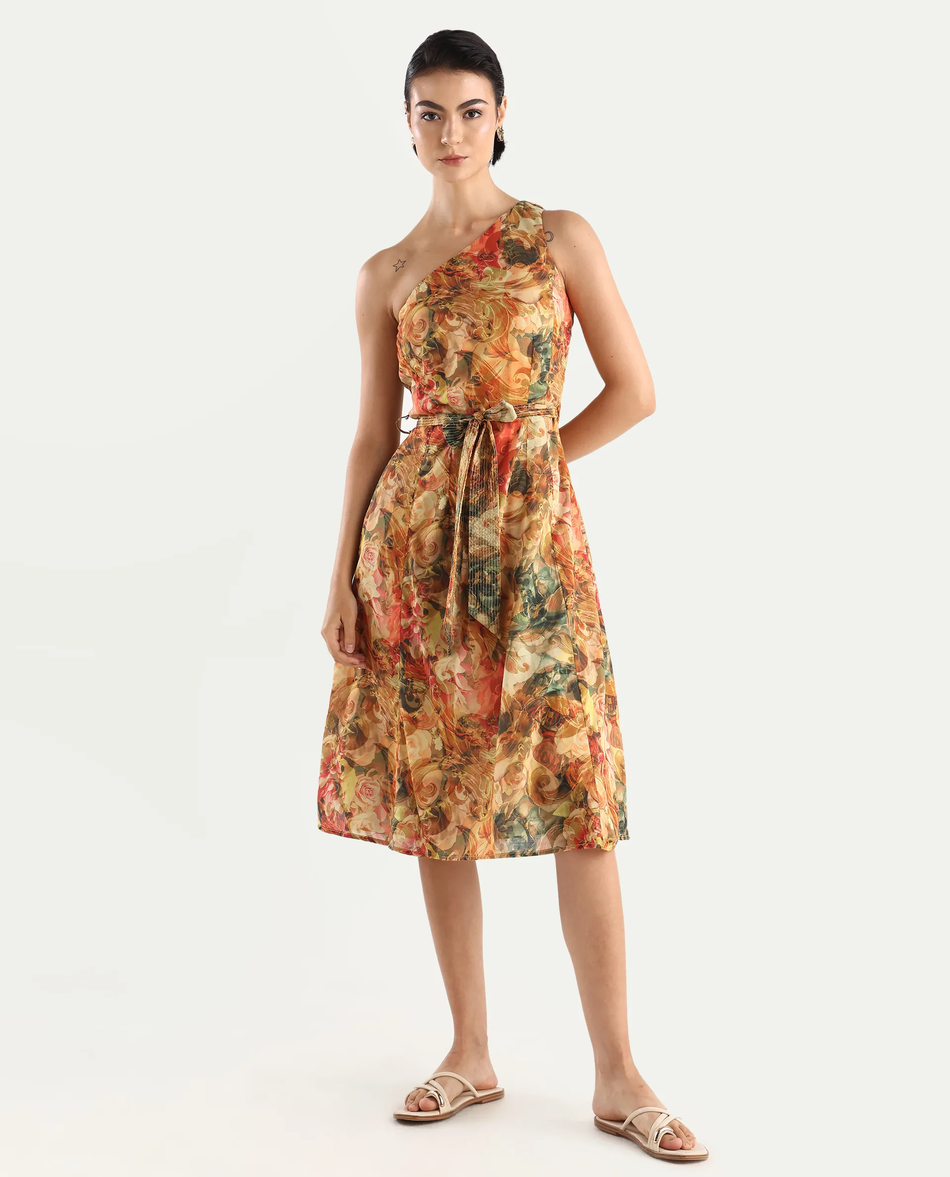 Rareism Women's Barney Multi Cotton One Shoulder Abstract Print One Shoulder Midi Fit And Flare Dress - Image 2