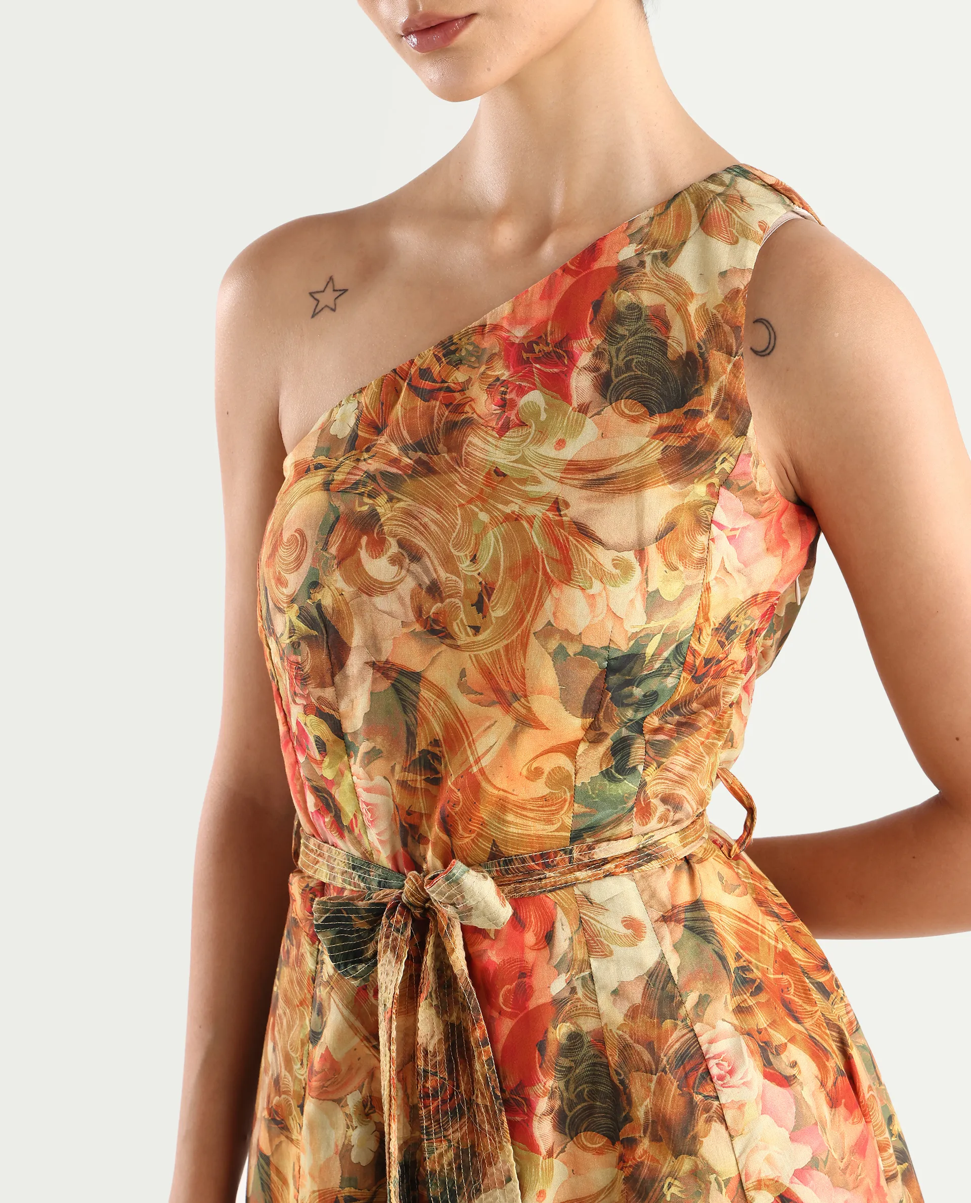 Rareism Women's Barney Multi Cotton One Shoulder Abstract Print One Shoulder Midi Fit And Flare Dress - Image 3