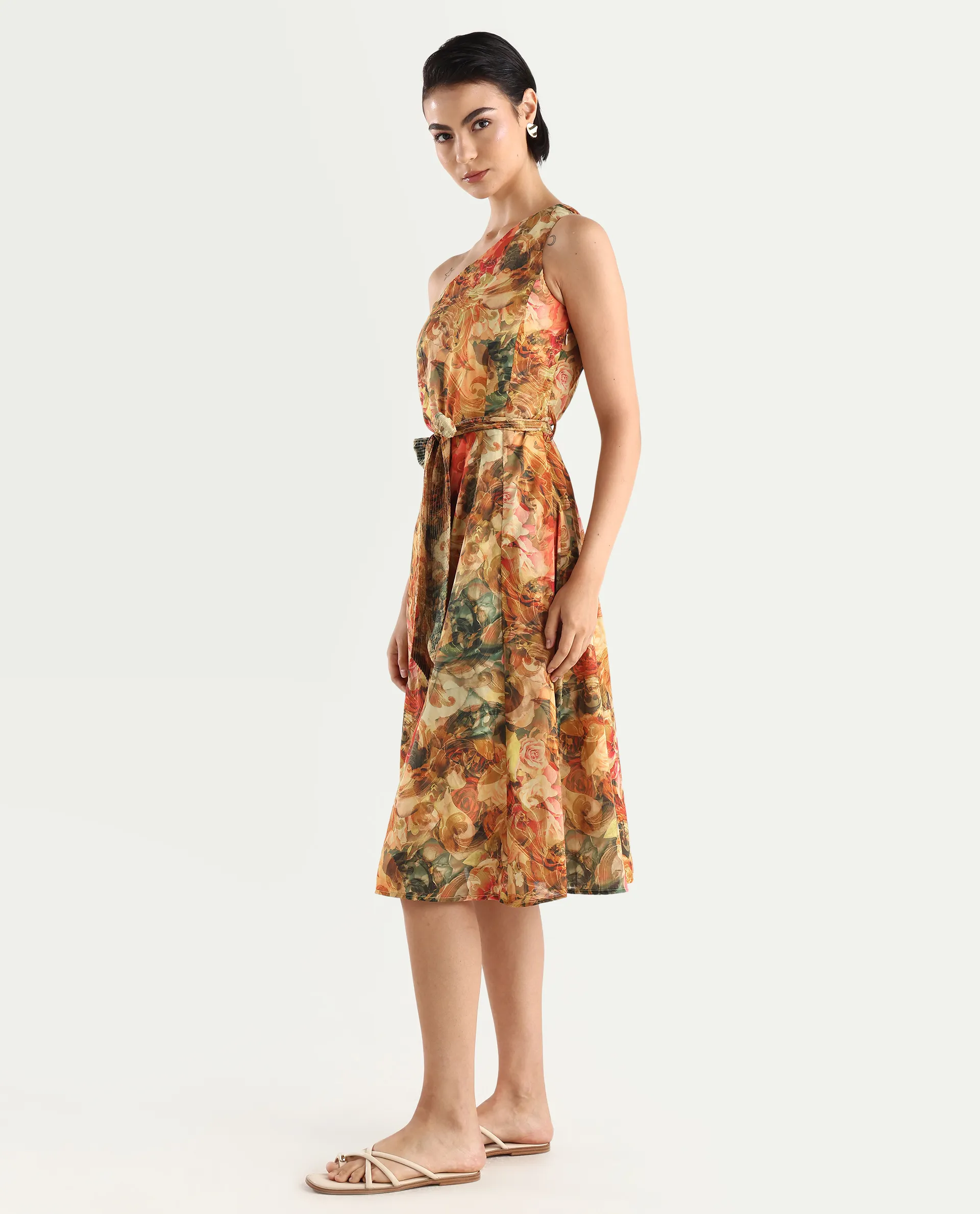 Rareism Women's Barney Multi Cotton One Shoulder Abstract Print One Shoulder Midi Fit And Flare Dress - Image 4