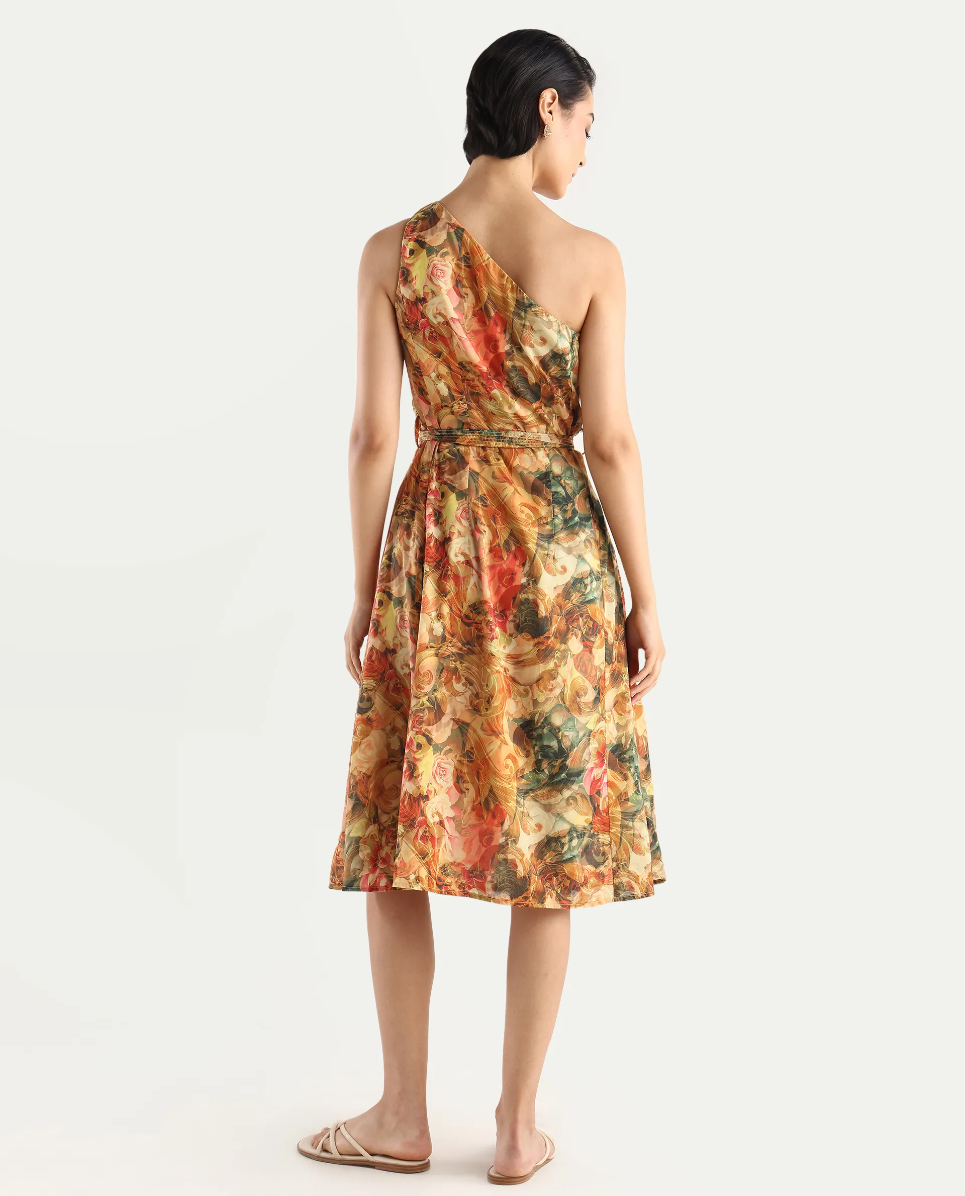 Rareism Women's Barney Multi Cotton One Shoulder Abstract Print One Shoulder Midi Fit And Flare Dress - Image 5