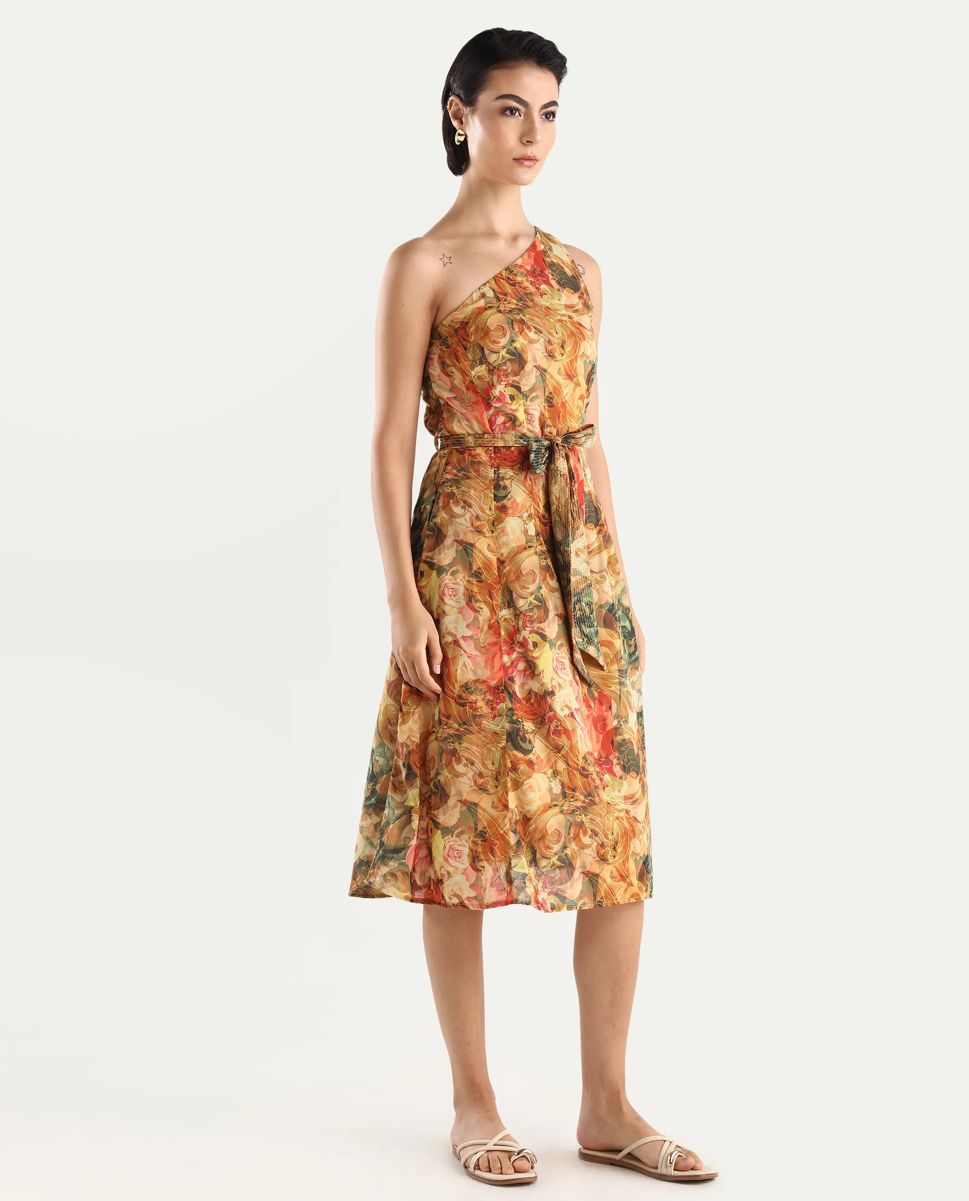 Rareism Women's Barney Multi Cotton One Shoulder Abstract Print One Shoulder Midi Fit And Flare Dress - Image 6