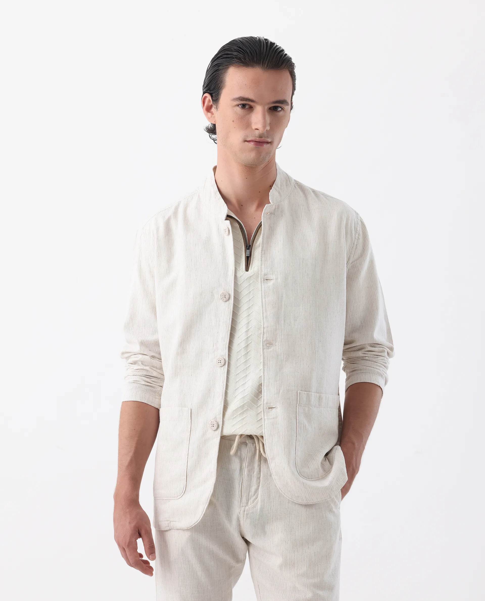 Rare Rabbit Men's Baron Beige Linen Blend Striped Print Tailored Fit Full Sleeve Mandarin Collar Blazer - Image 3