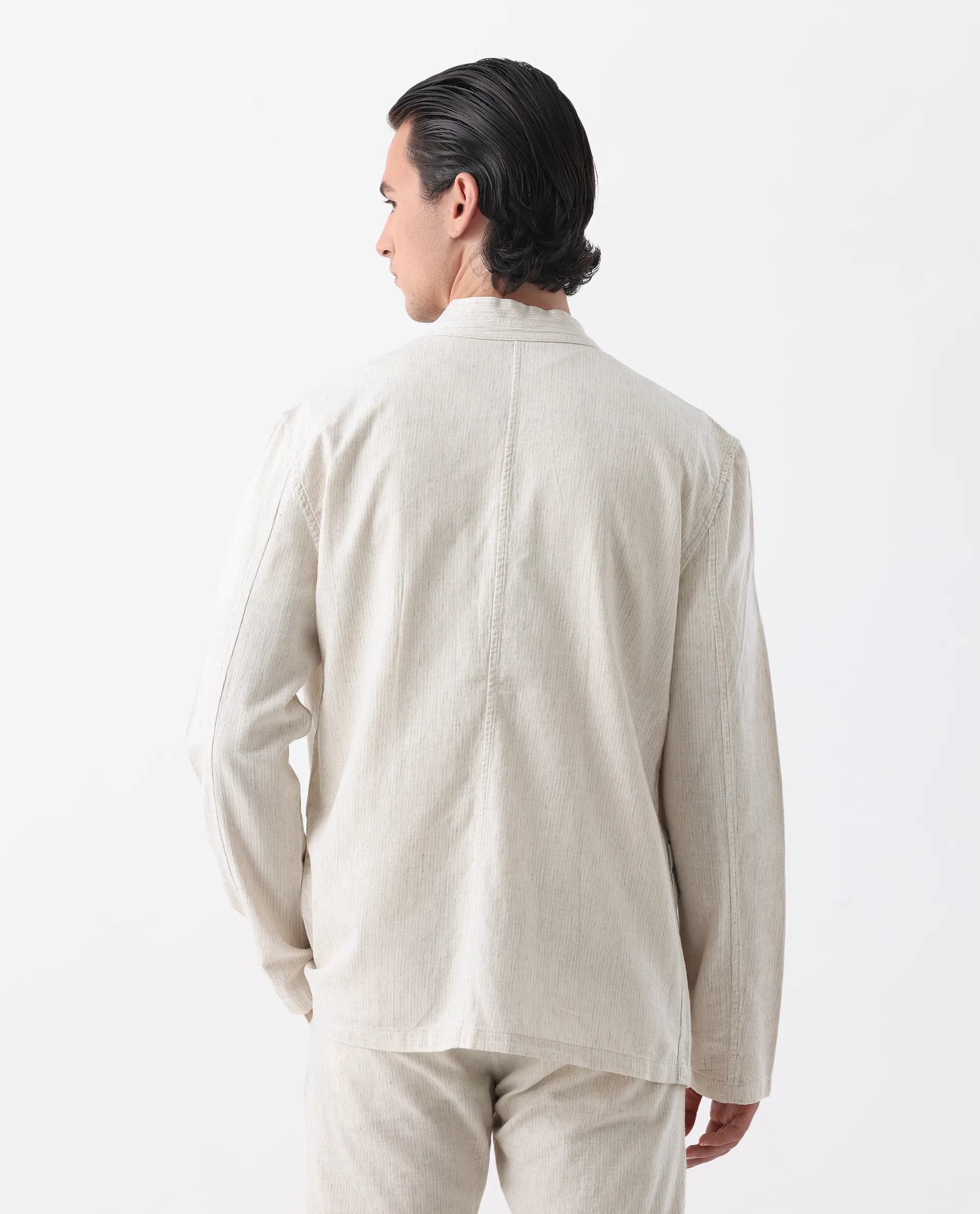 Rare Rabbit Men's Baron Beige Linen Blend Striped Print Tailored Fit Full Sleeve Mandarin Collar Blazer - Image 7