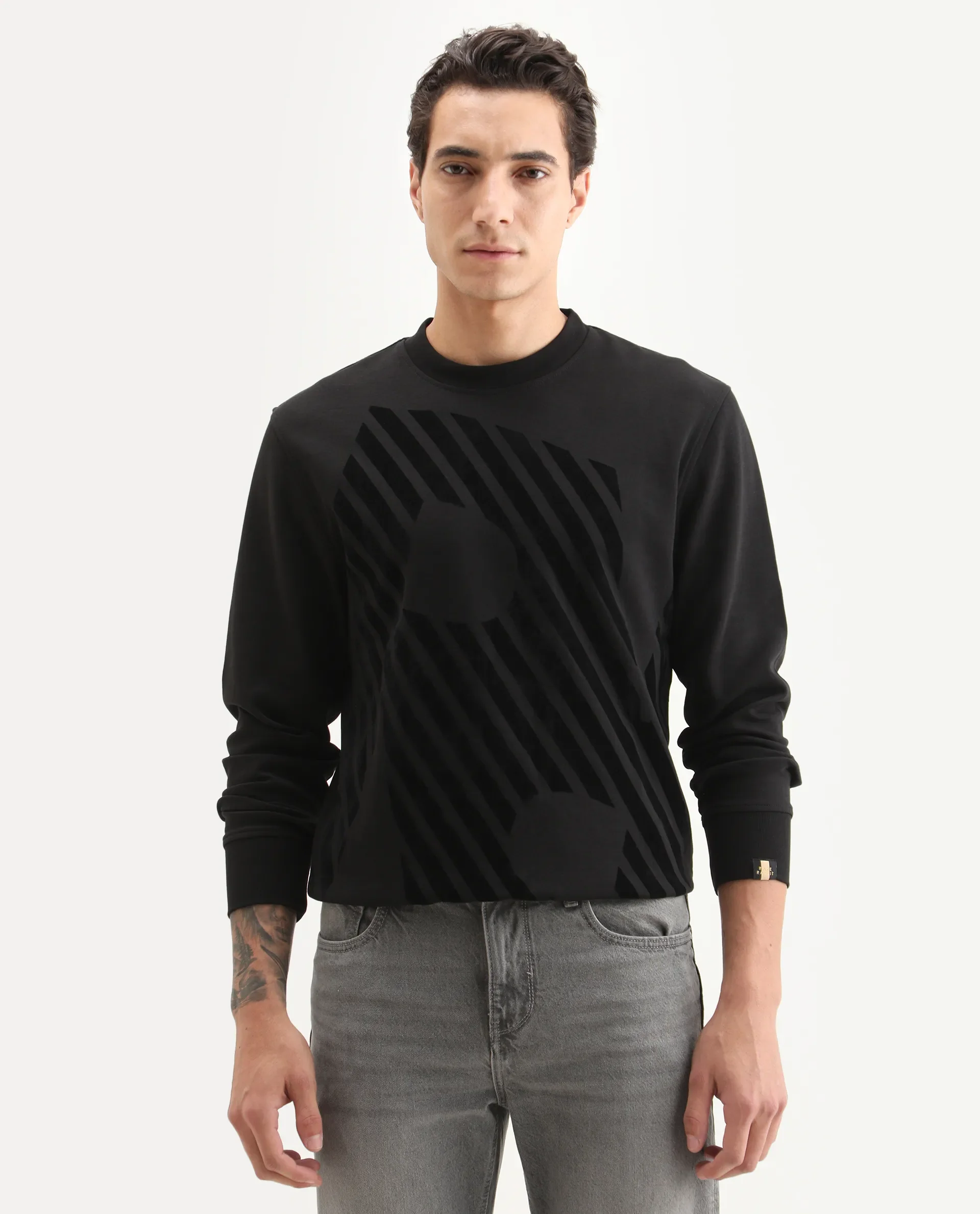 Rare Rabbit Men's Baron Black Plain Regular Fit Full Sleeve Crew Neck Sweatshirt - Image 3