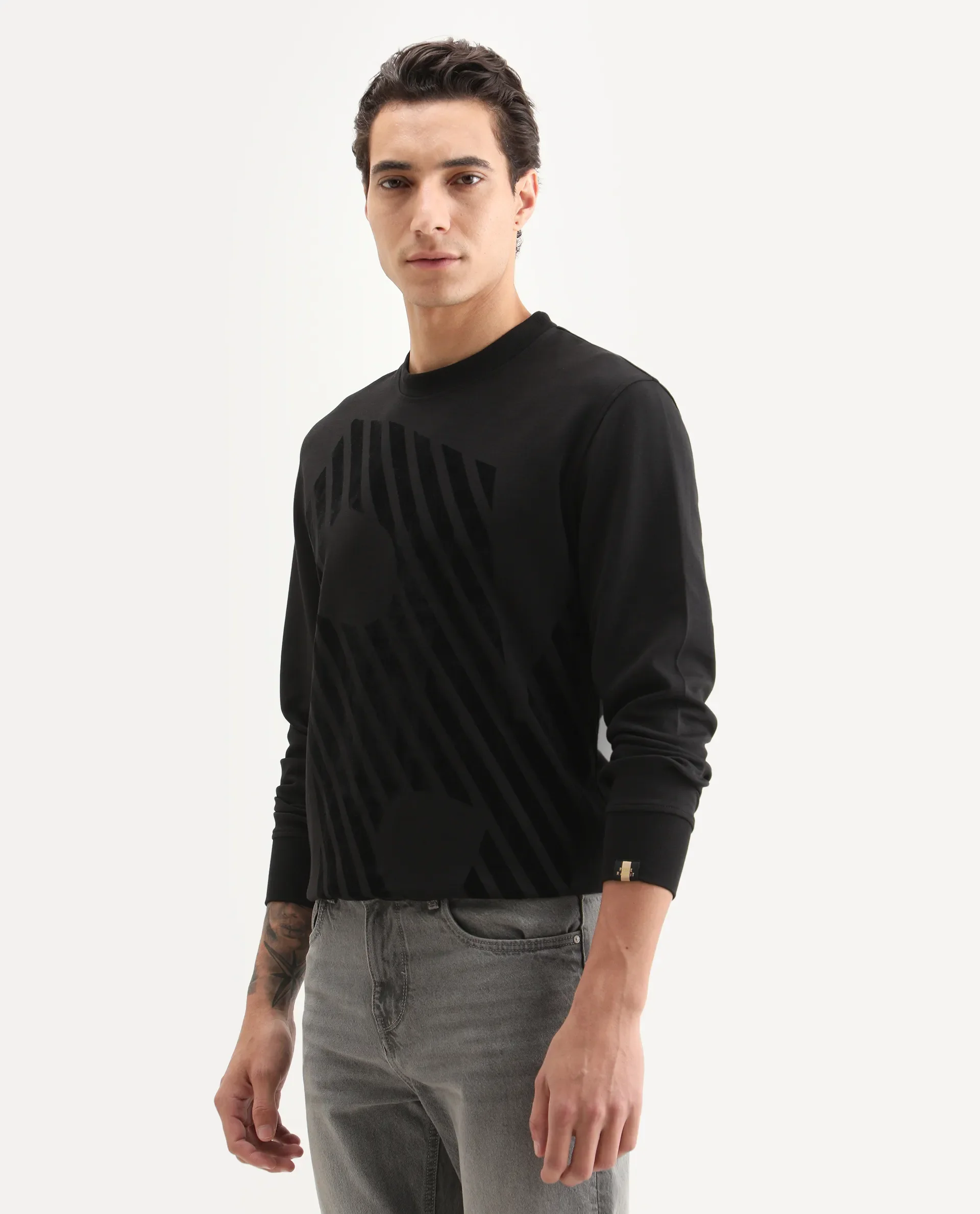 Rare Rabbit Men's Baron Black Plain Regular Fit Full Sleeve Crew Neck Sweatshirt - Image 5