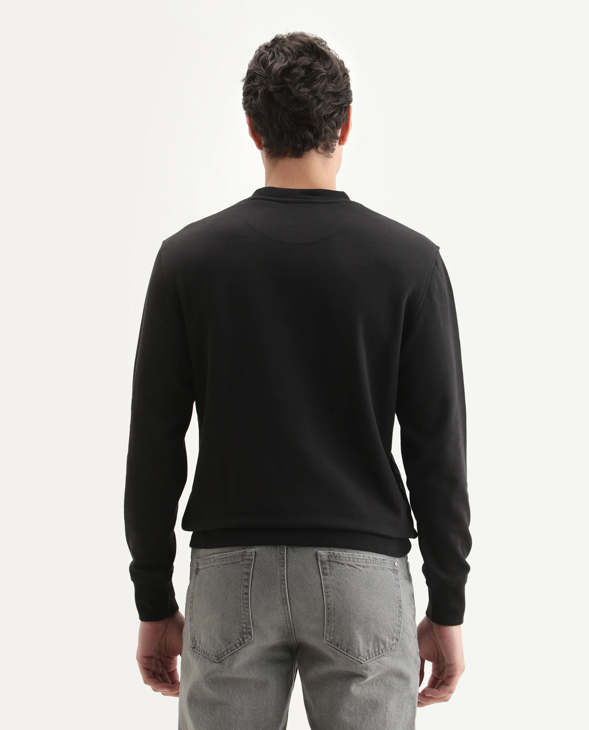 Rare Rabbit Men's Baron Black Plain Regular Fit Full Sleeve Crew Neck Sweatshirt - Image 7