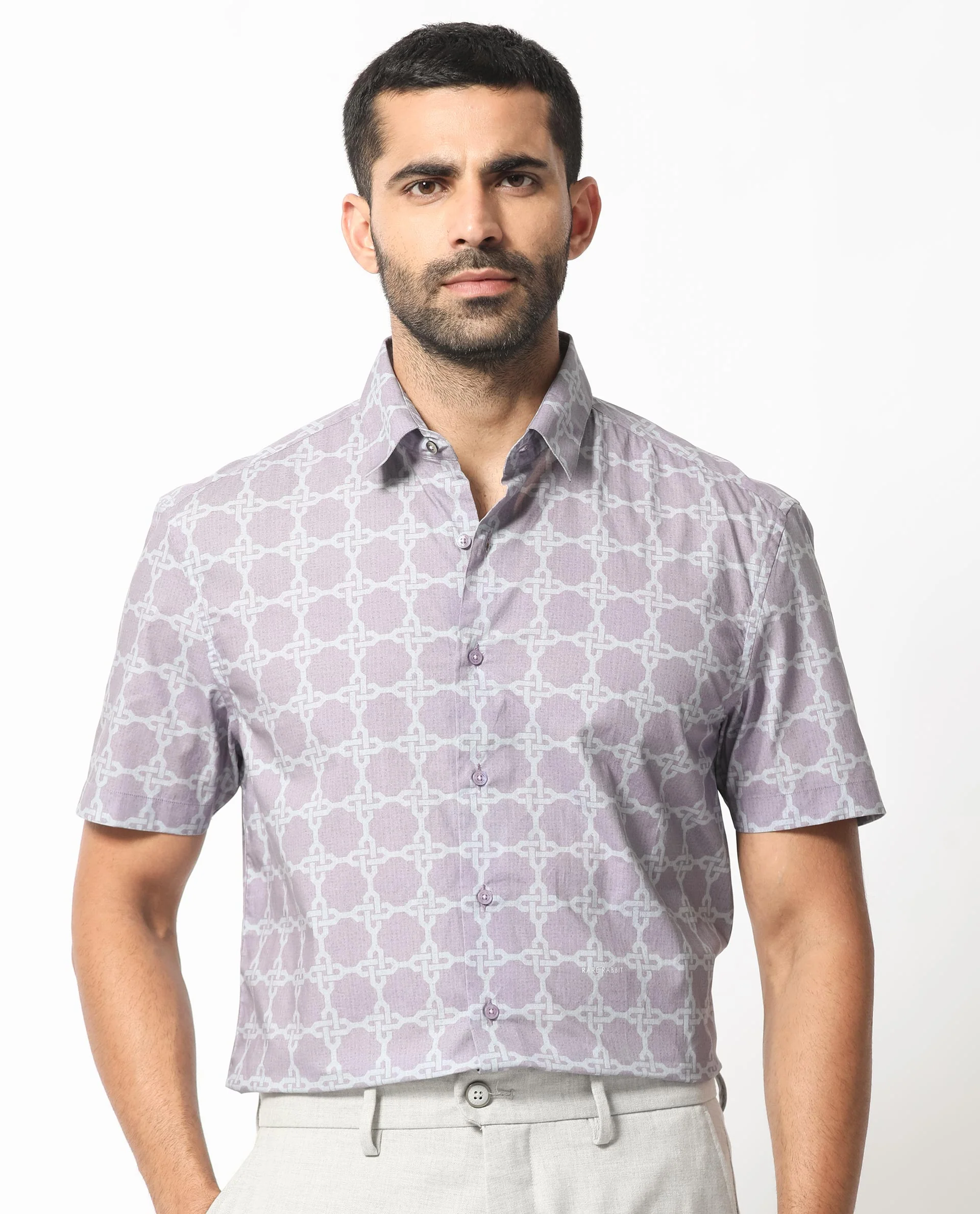 Rare Rabbit Men's Barret Pastel Purple Viscose Geometric Print Regular Fit Half Sleeve Collared Shirt