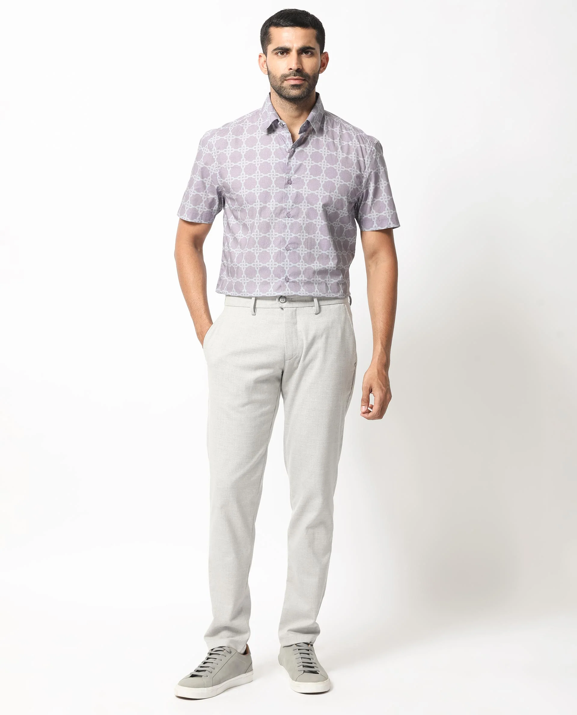 Rare Rabbit Men's Barret Pastel Purple Viscose Geometric Print Regular Fit Half Sleeve Collared Shirt - Image 2