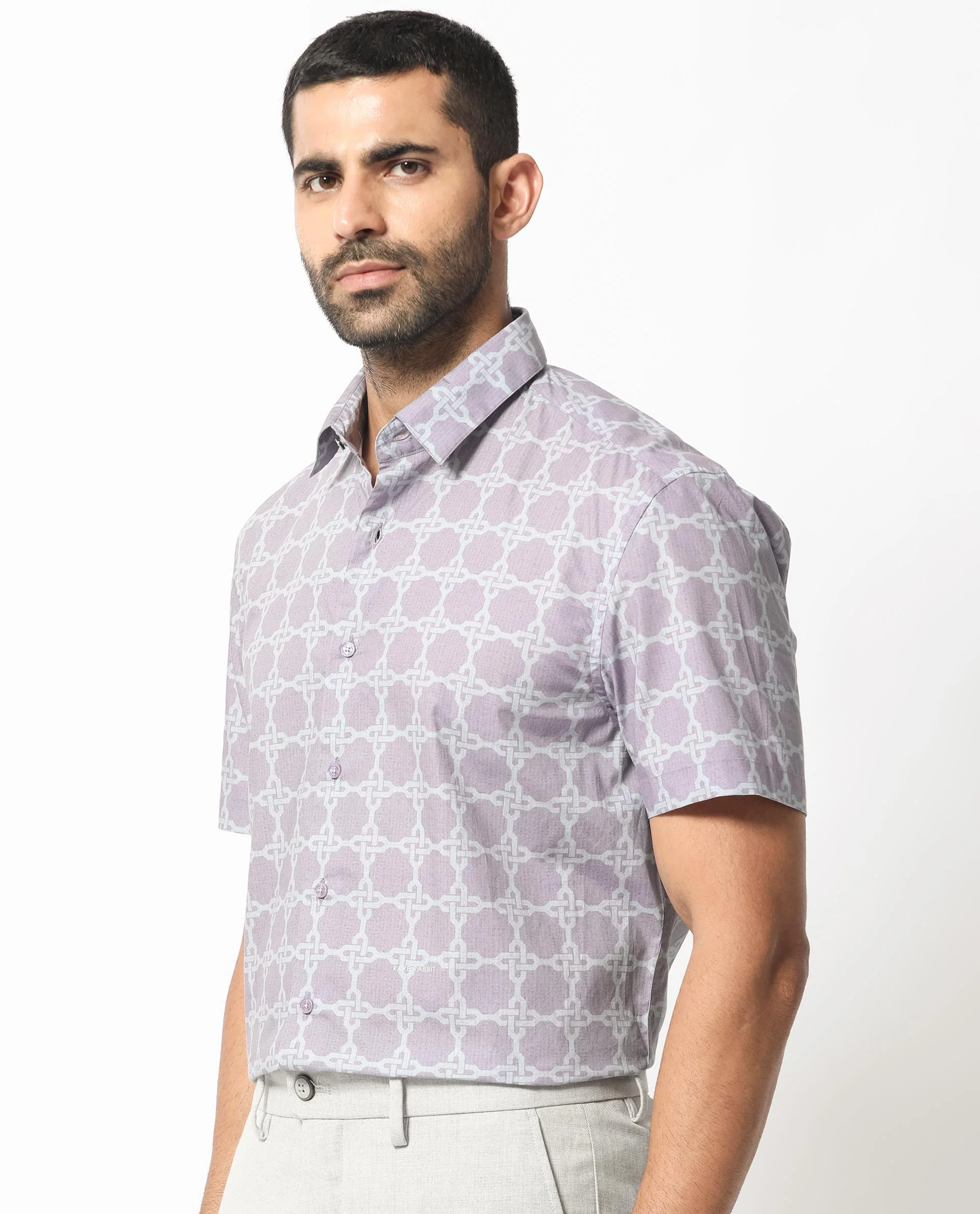 Rare Rabbit Men's Barret Pastel Purple Viscose Geometric Print Regular Fit Half Sleeve Collared Shirt - Image 3