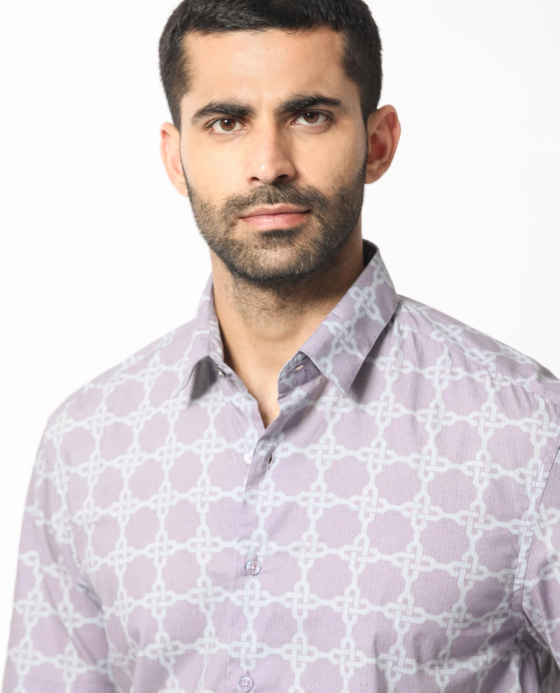 Rare Rabbit Men's Barret Pastel Purple Viscose Geometric Print Regular Fit Half Sleeve Collared Shirt - Image 4